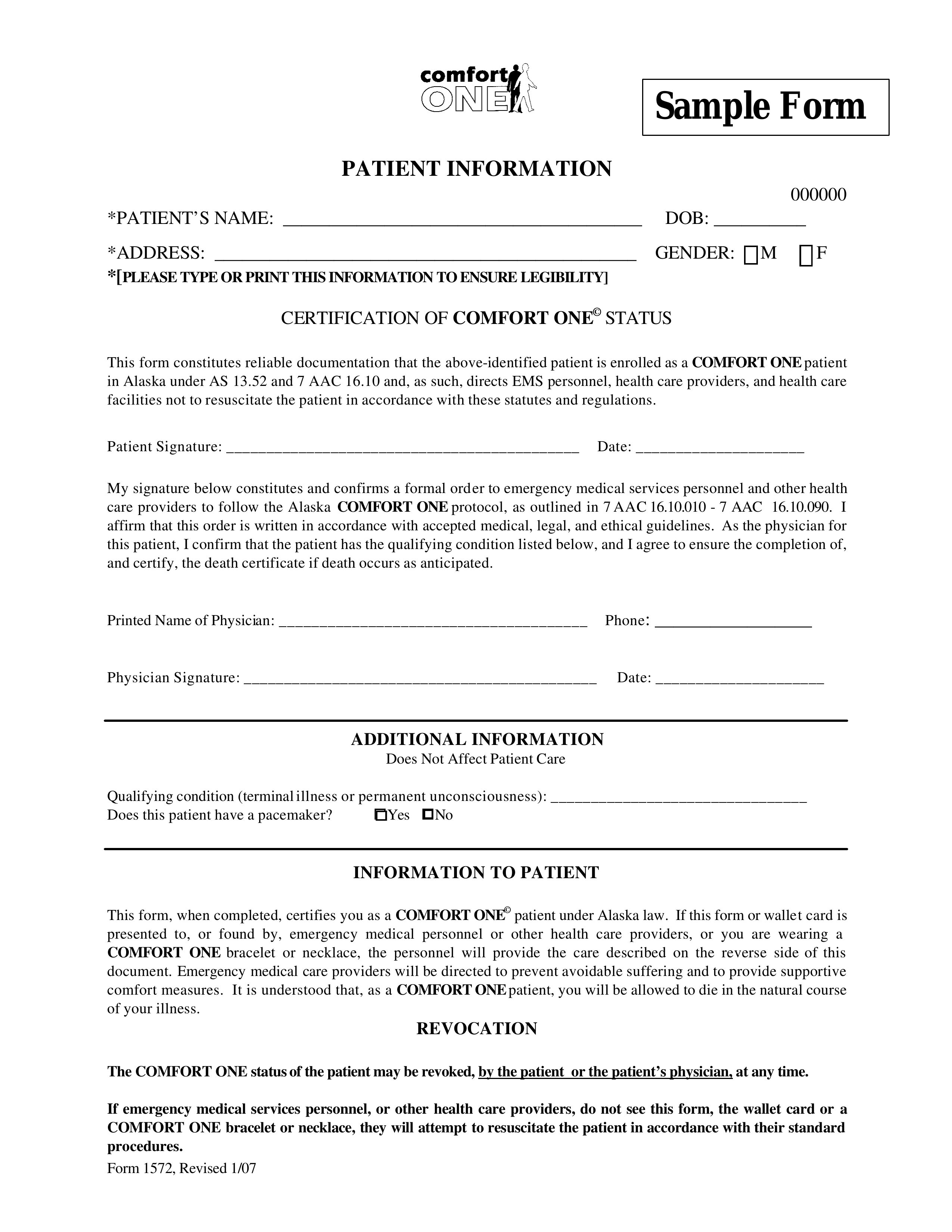 Alaska Do Not Resuscitate (DNR) Order Form – Sample Only