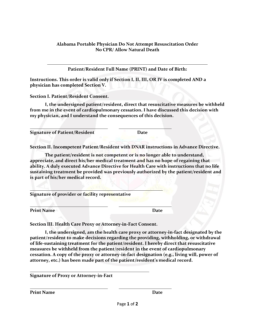 Alabama Do Not Resuscitate (DNR) Order Form