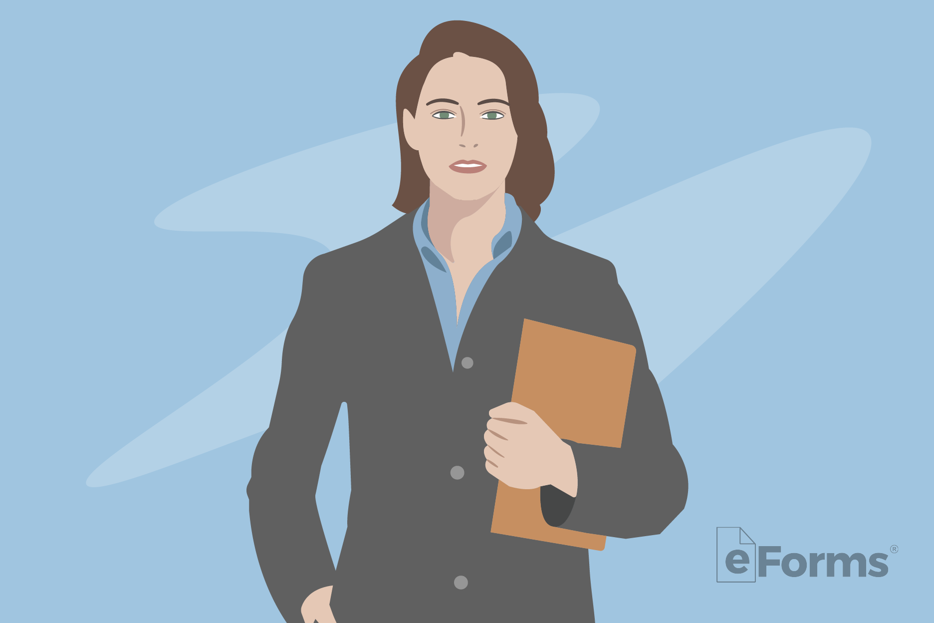 Woman standing holding file folder in her arm.