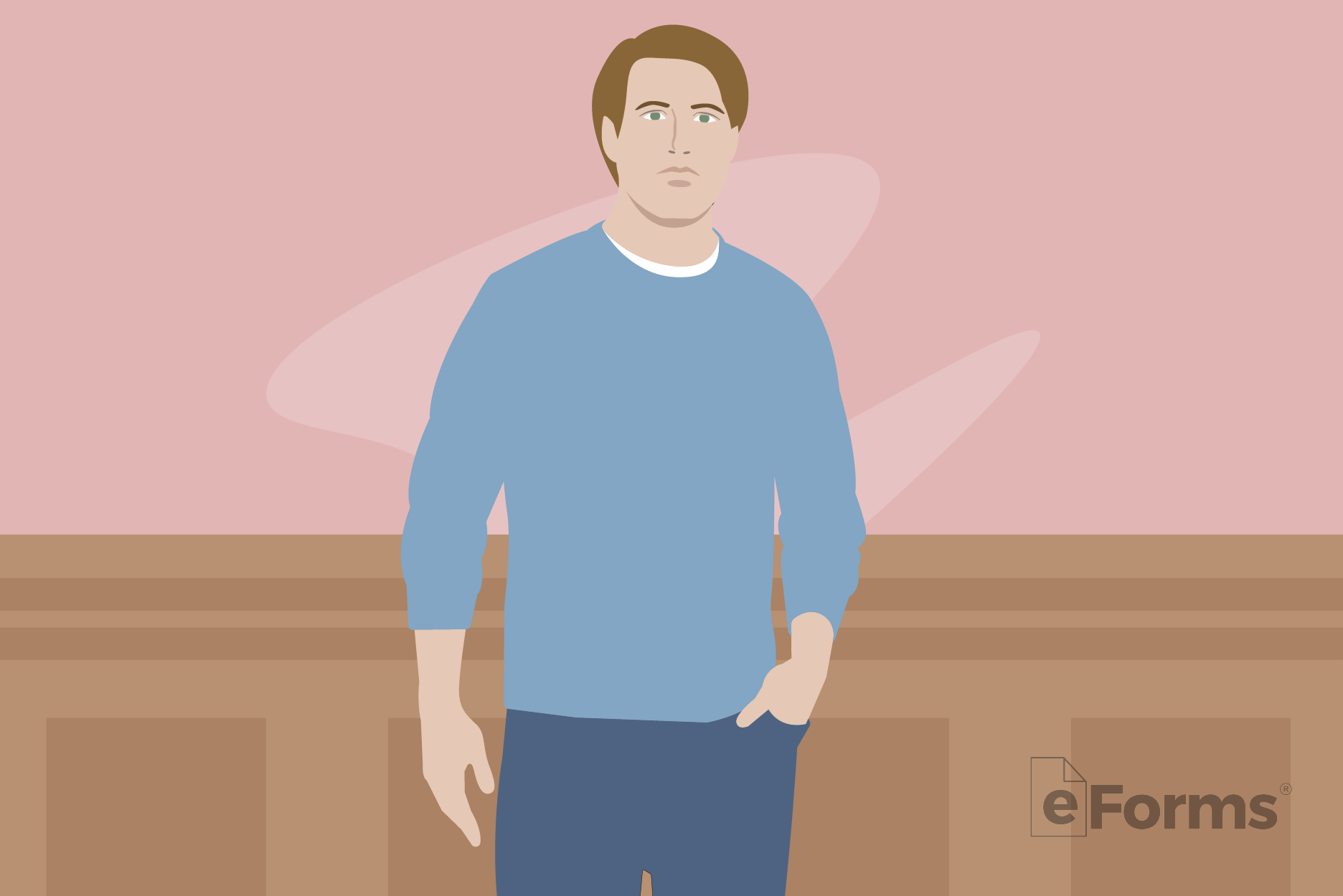Young man standing in courtroom.