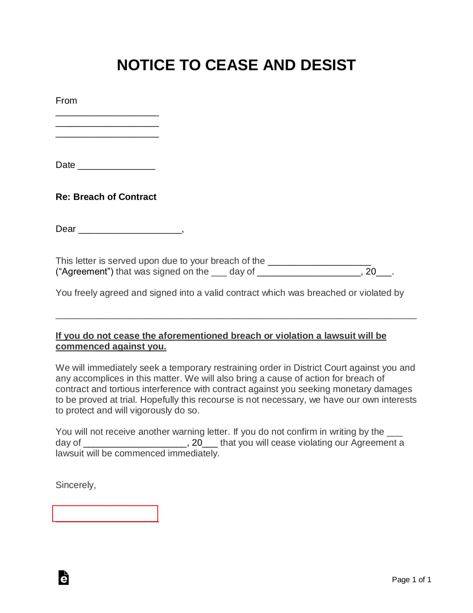 Free Breach of Contract Cease and Desist Letter Template - PDF | Word ...