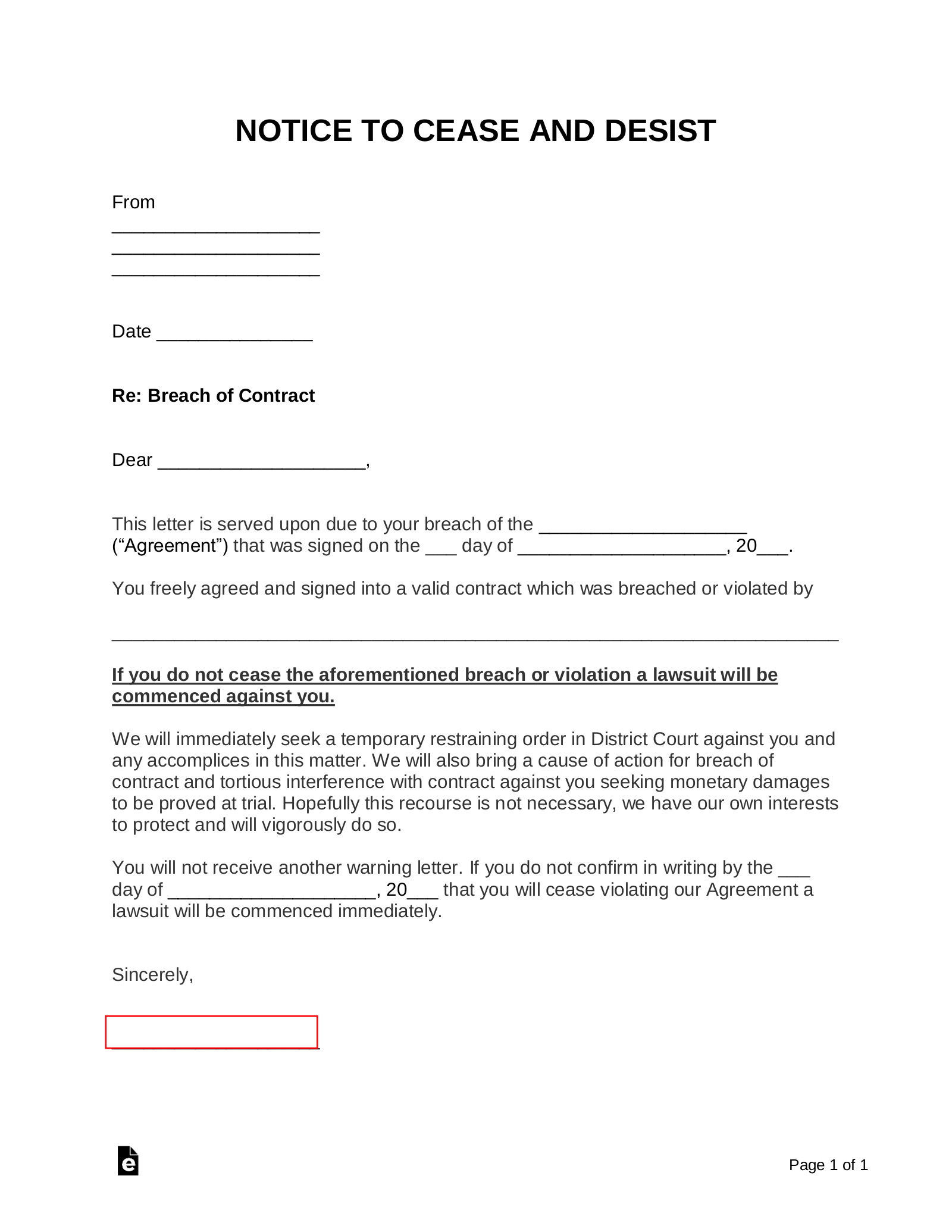 Breach of Contract Cease and Desist Letter Template