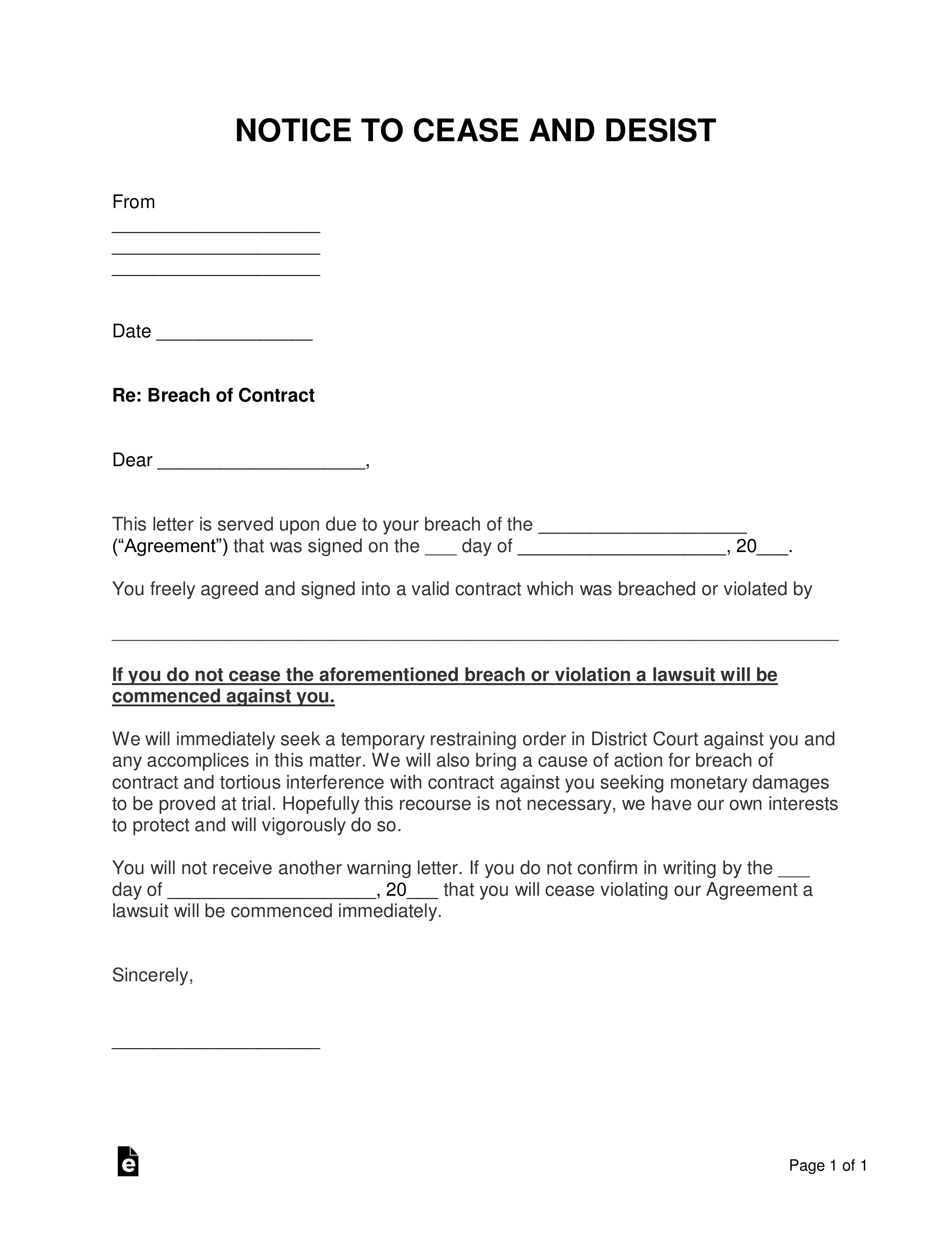 Breach Of Contract Letter from eforms.com