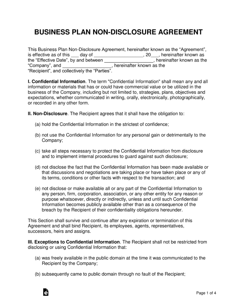 Free Business Plan NonDisclosure Agreement (NDA) Template