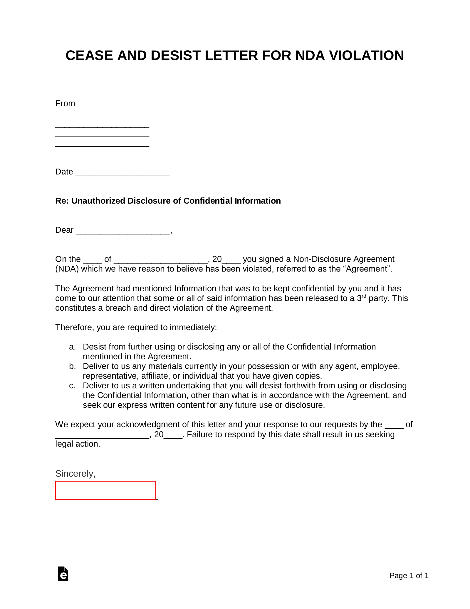 Free Violation Of Non Disclosure Agreement Nda Cease And Desist