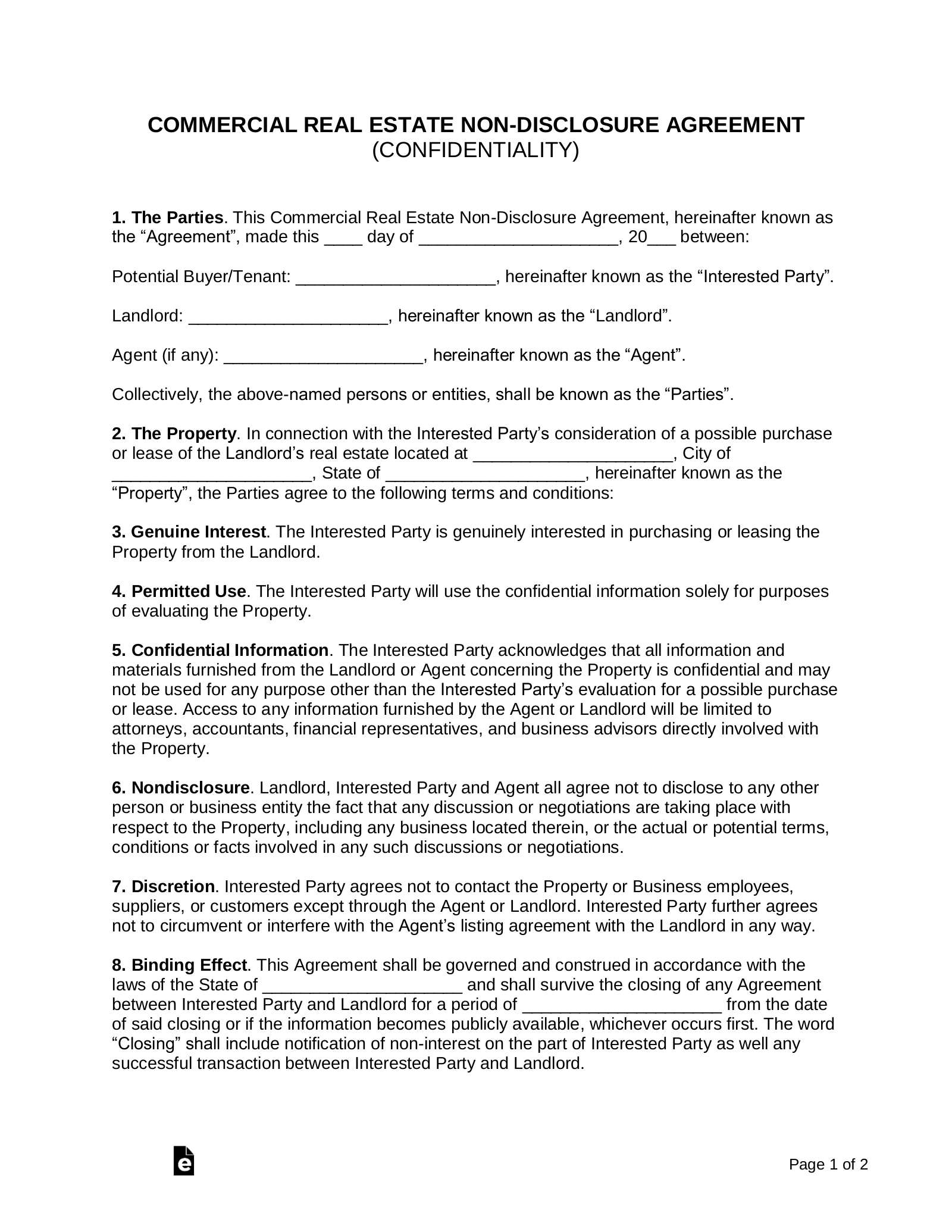 Free Commercial Real Estate Non Disclosure Agreement NDA PDF Word 