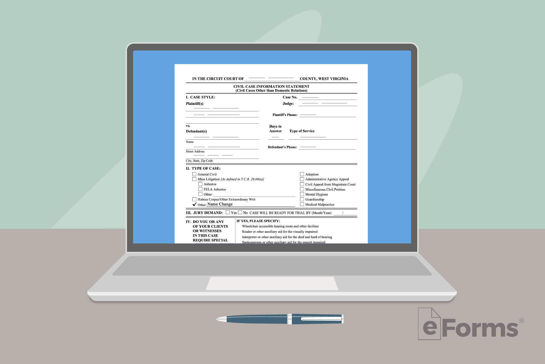 Laptop computer displaying court form.