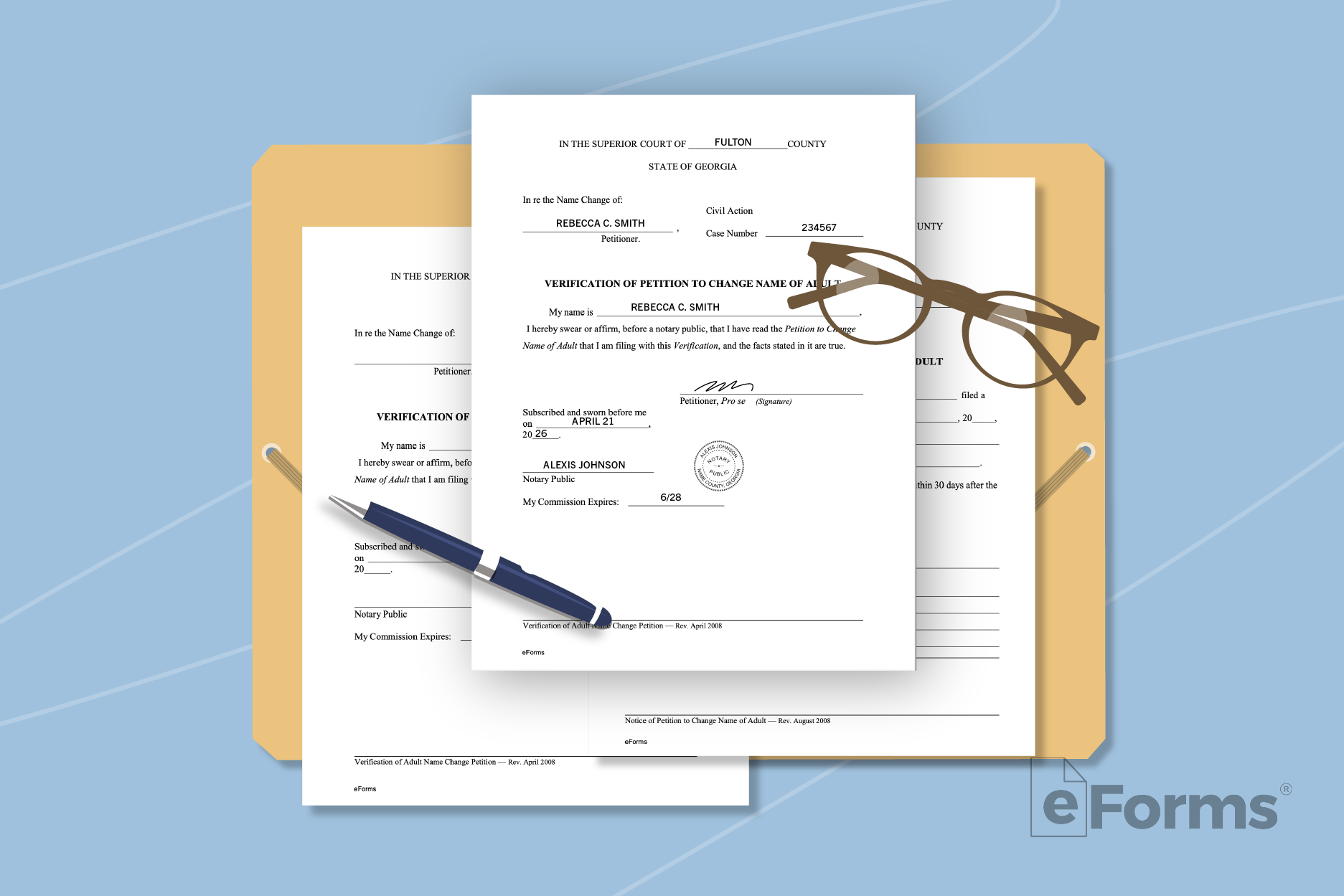 Forms placed on folder with pen and a pair of glasses.
