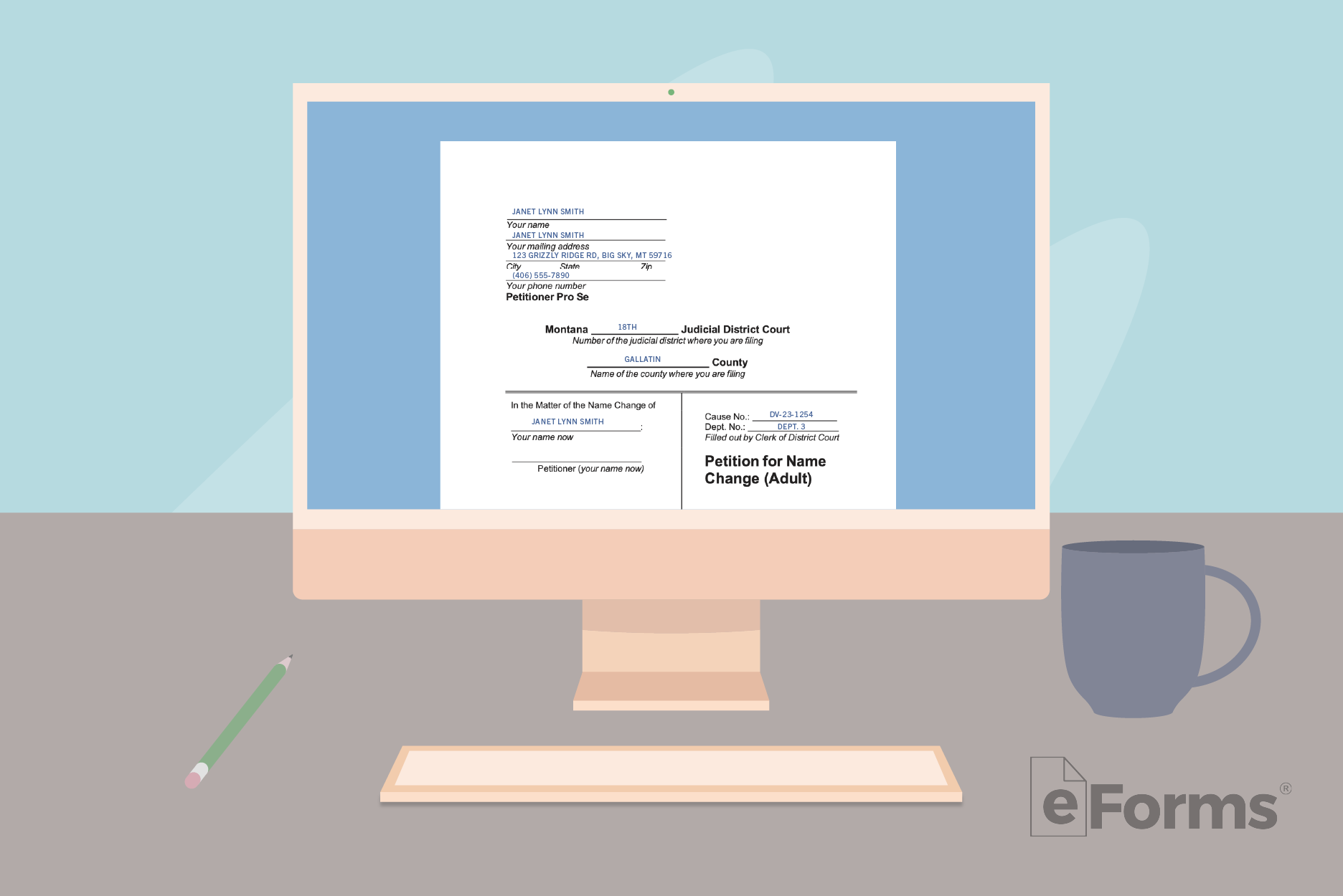 Desktop computer displaying name change document.