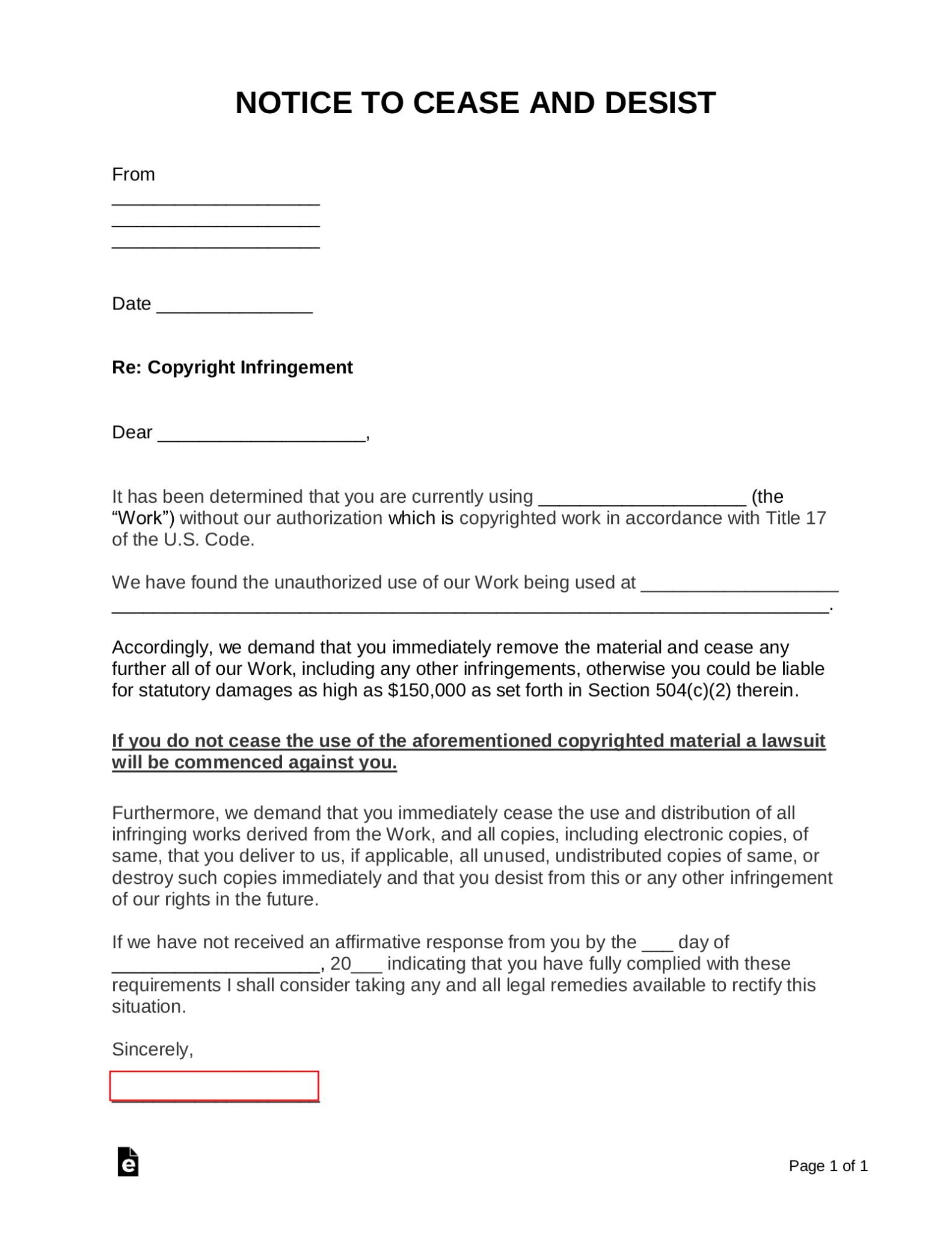 Free Copyright © Infringement Cease and Desist Letter - PDF | Word – eForms