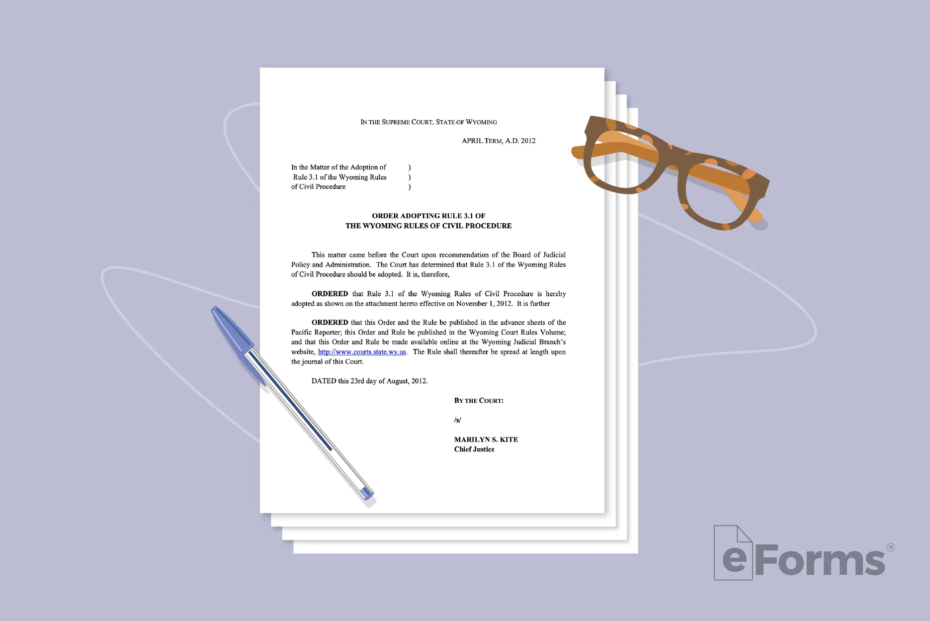 Cover sheet with glasses and pen.
