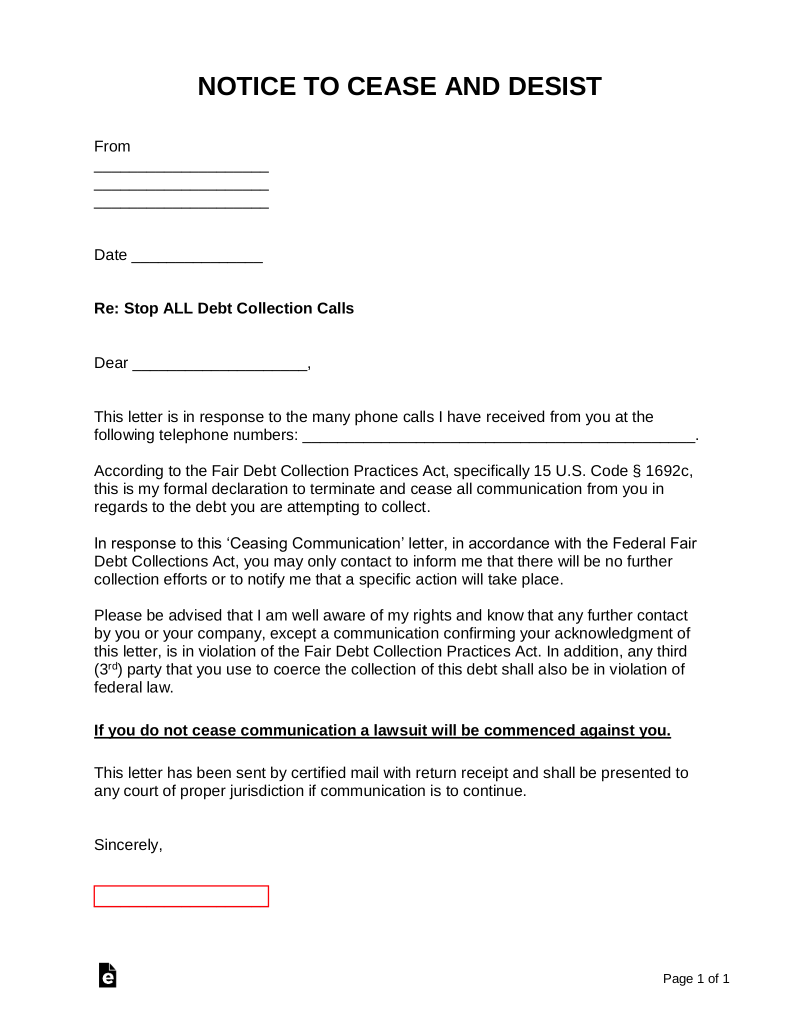 Free Debt Collector (Creditor) Cease and Desist Letter PDF Word