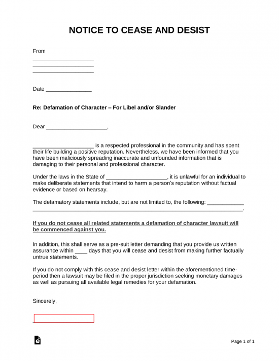 Free Defamation (Slander / Libel) Cease and Desist Letter PDF Word