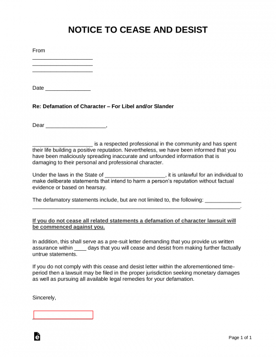 Free Defamation Slander Libel Cease And Desist Letter PDF Word 