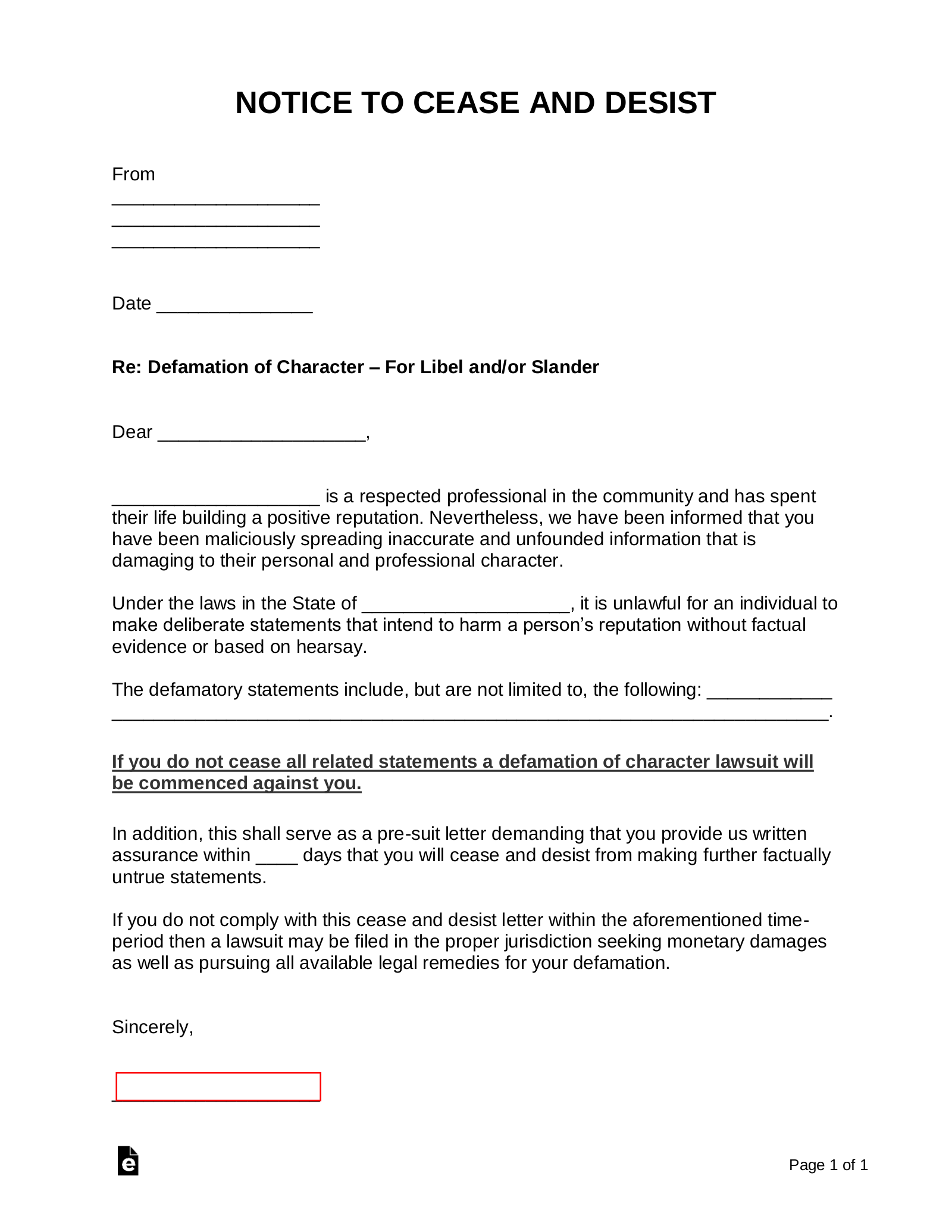 Free Defamation (Slander / Libel) Cease and Desist Letter PDF Word