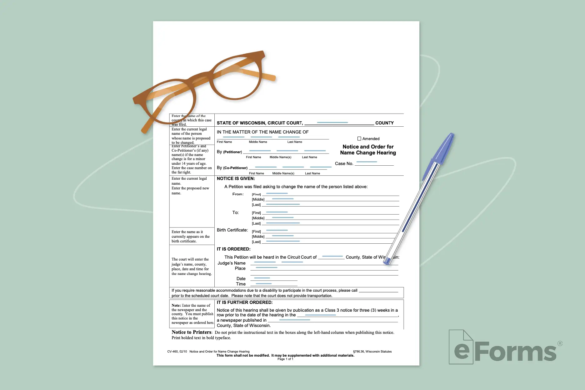 Notice of hearing with glasses and pen.