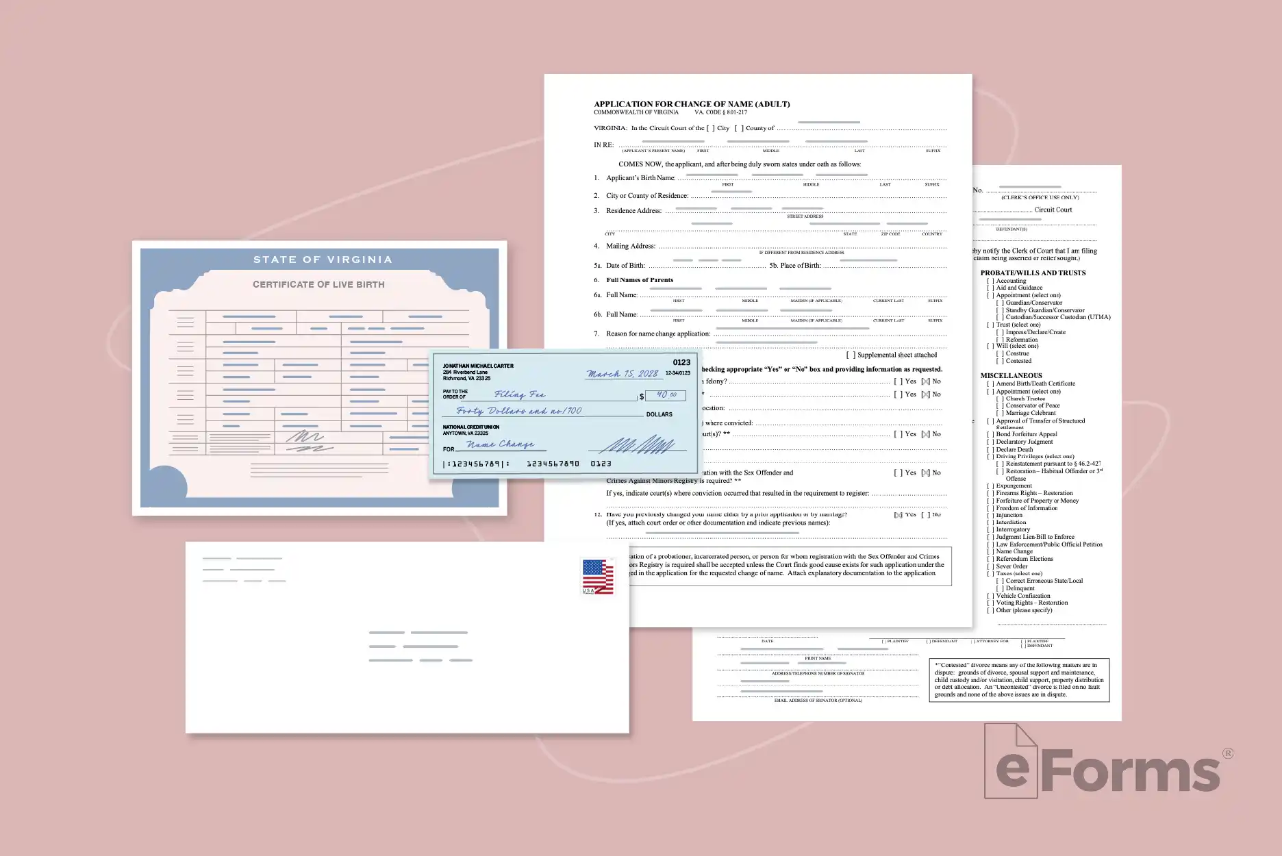 Flat lay of necessary documents for name change.