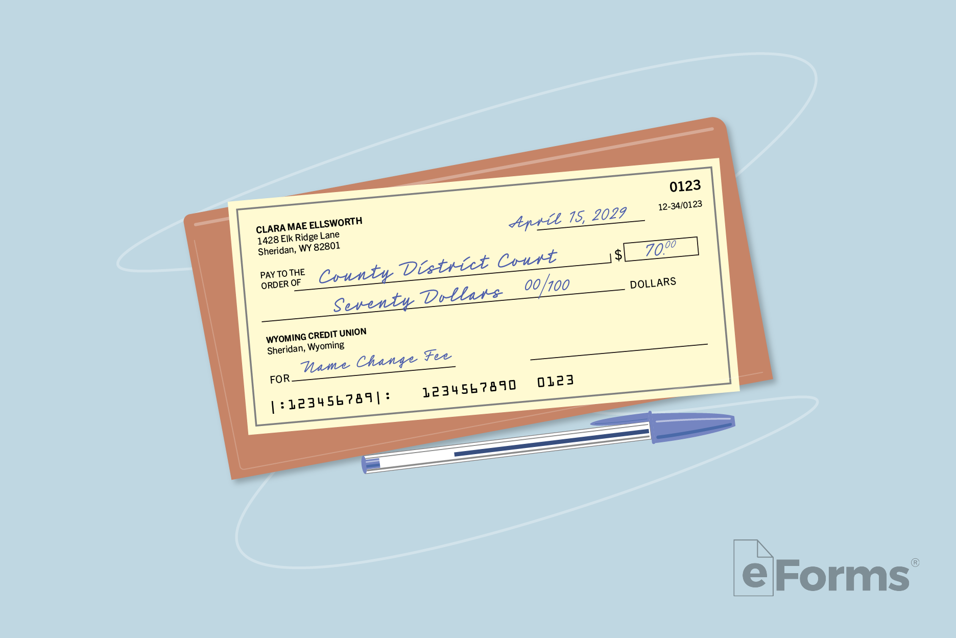 Checkbook and check with pen.