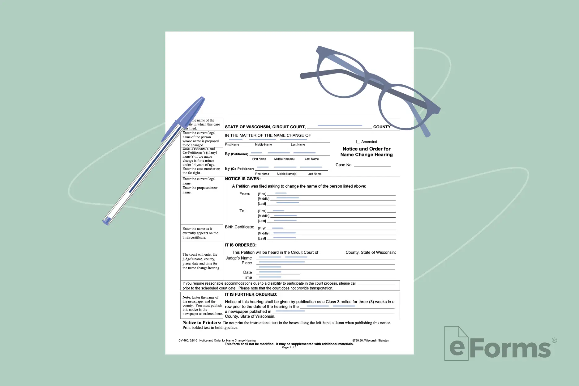 Order form with glasses and pen.