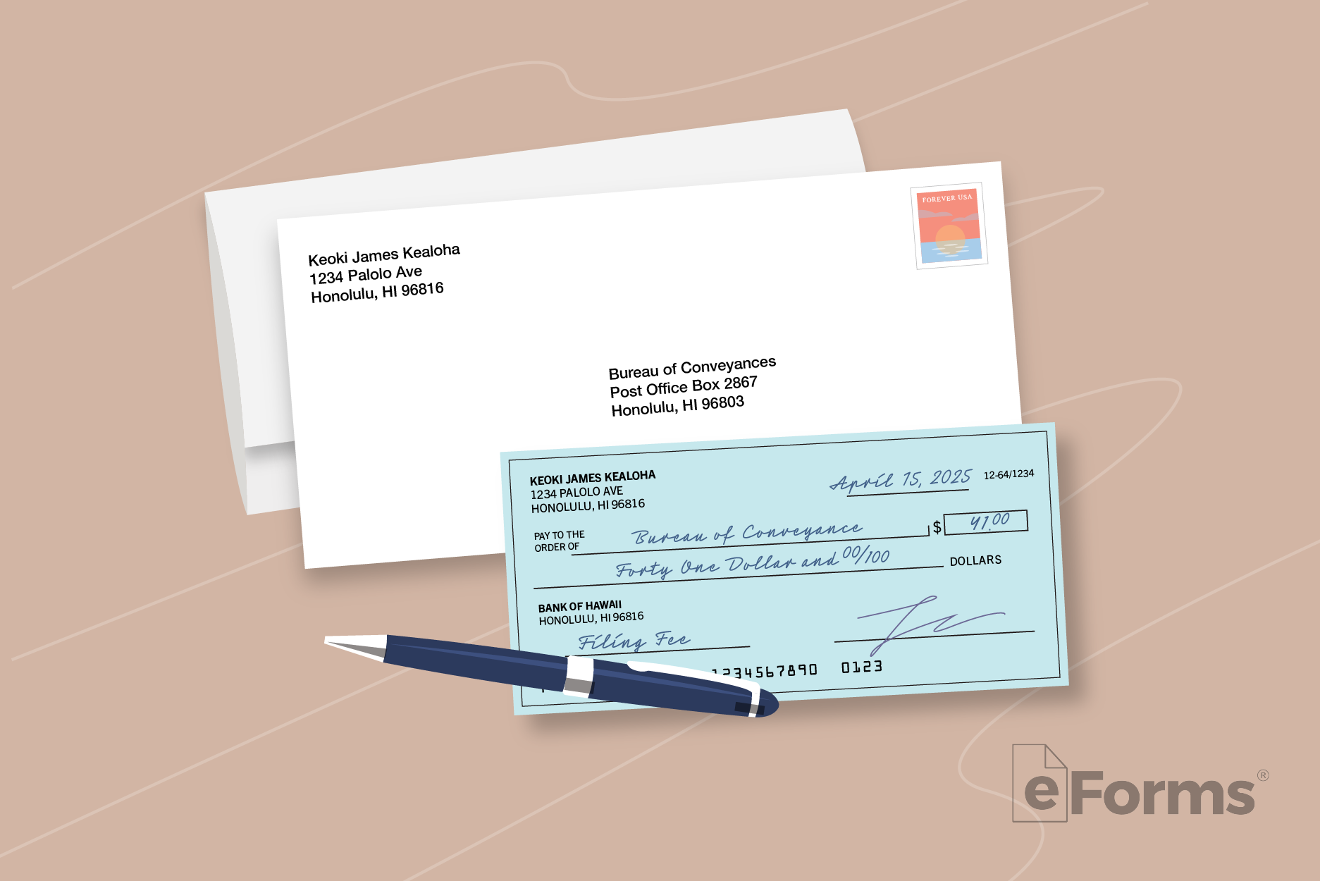 Envelope with personal check and pen.