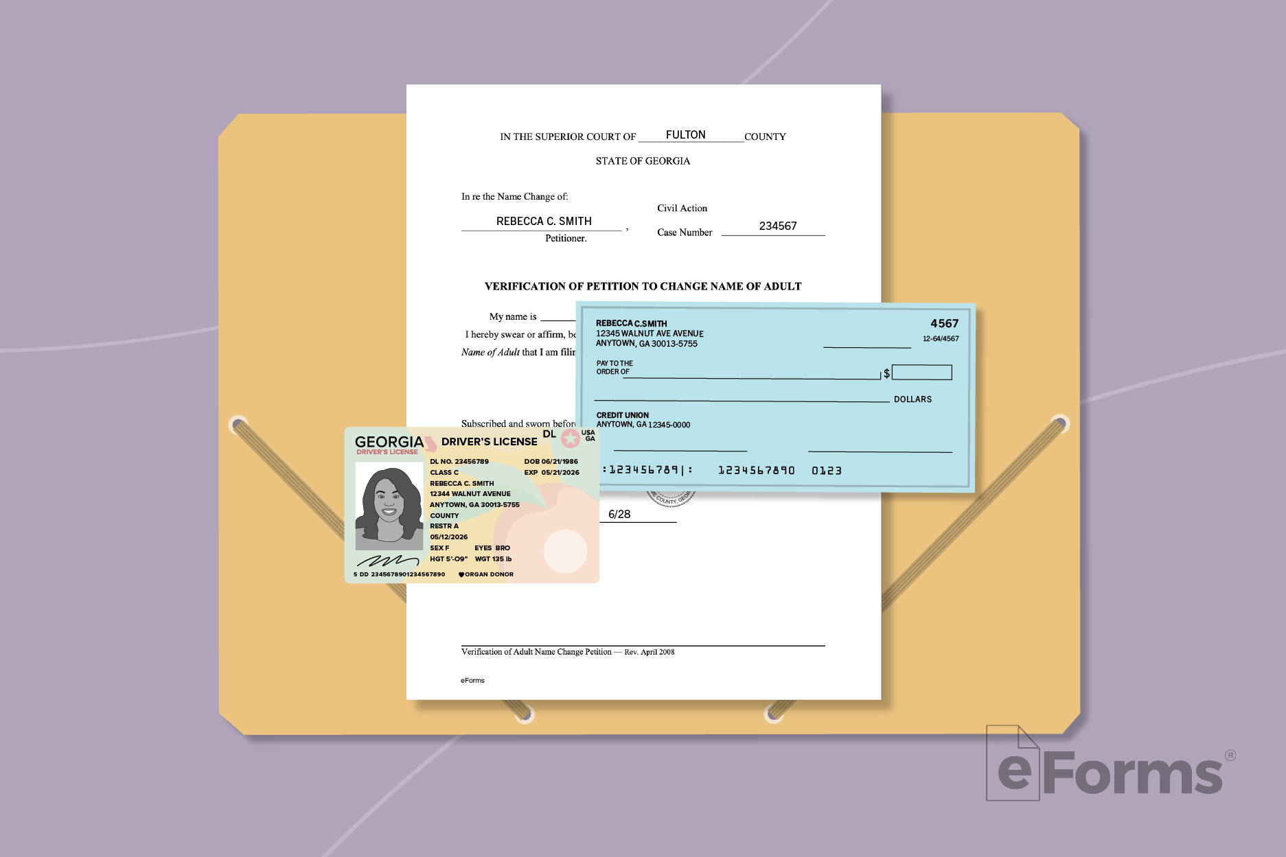 File folder with paperwork, check and driver's license.