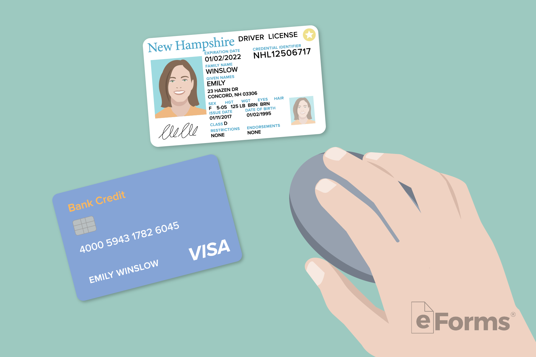 Hand and mouse with credit card and drivers license.