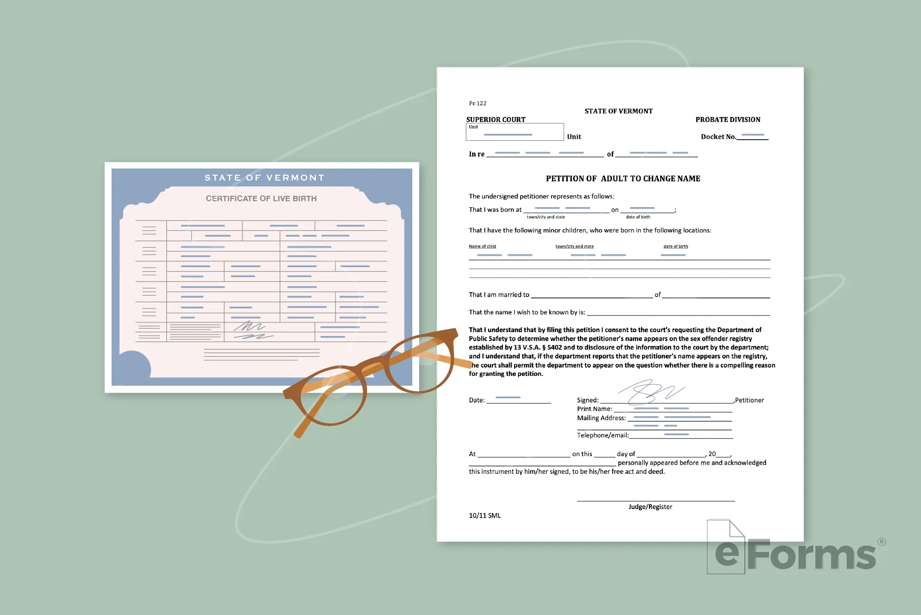 Birth certificate and document with pair of glasses.