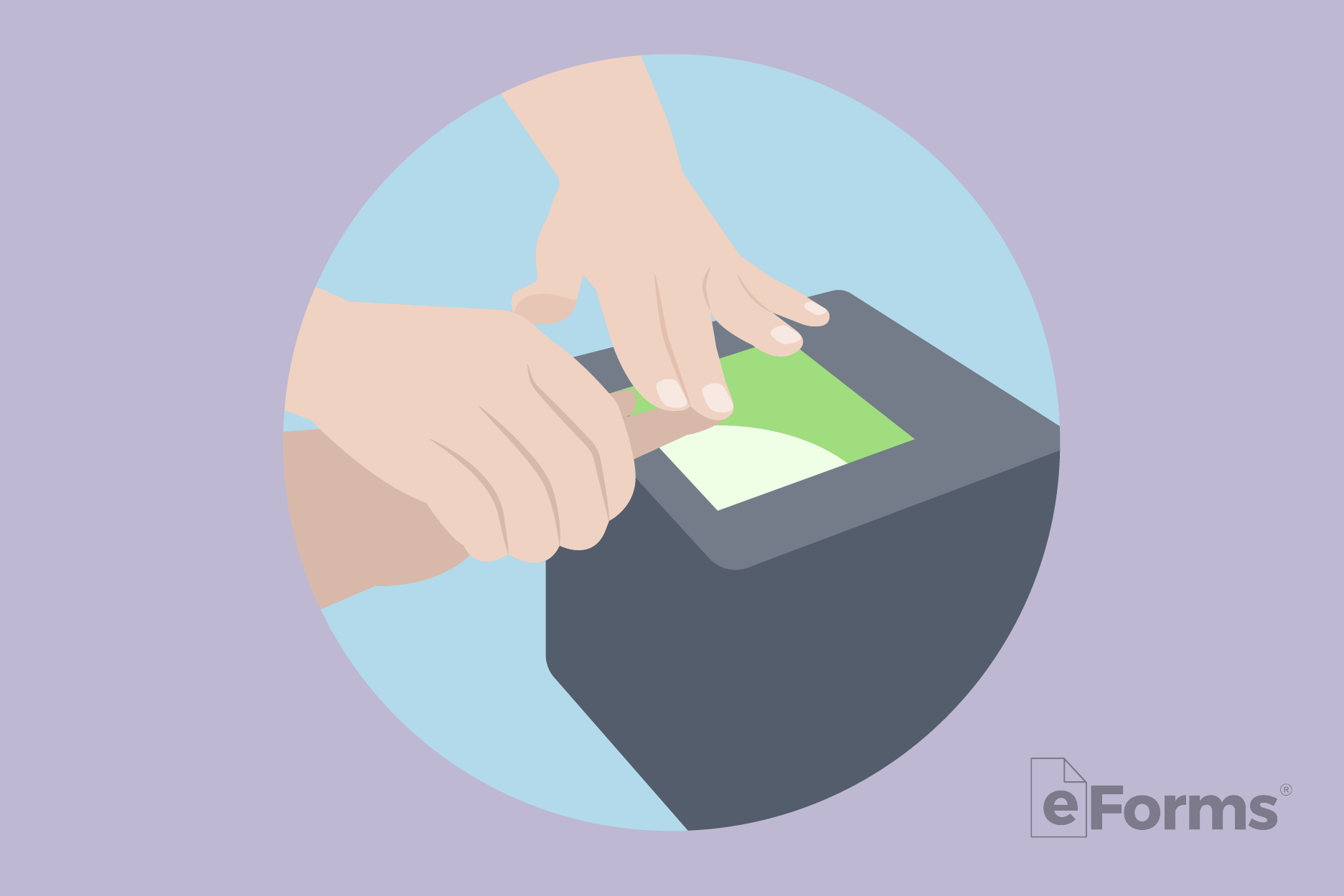 Pair of hands with fingerprint machine.