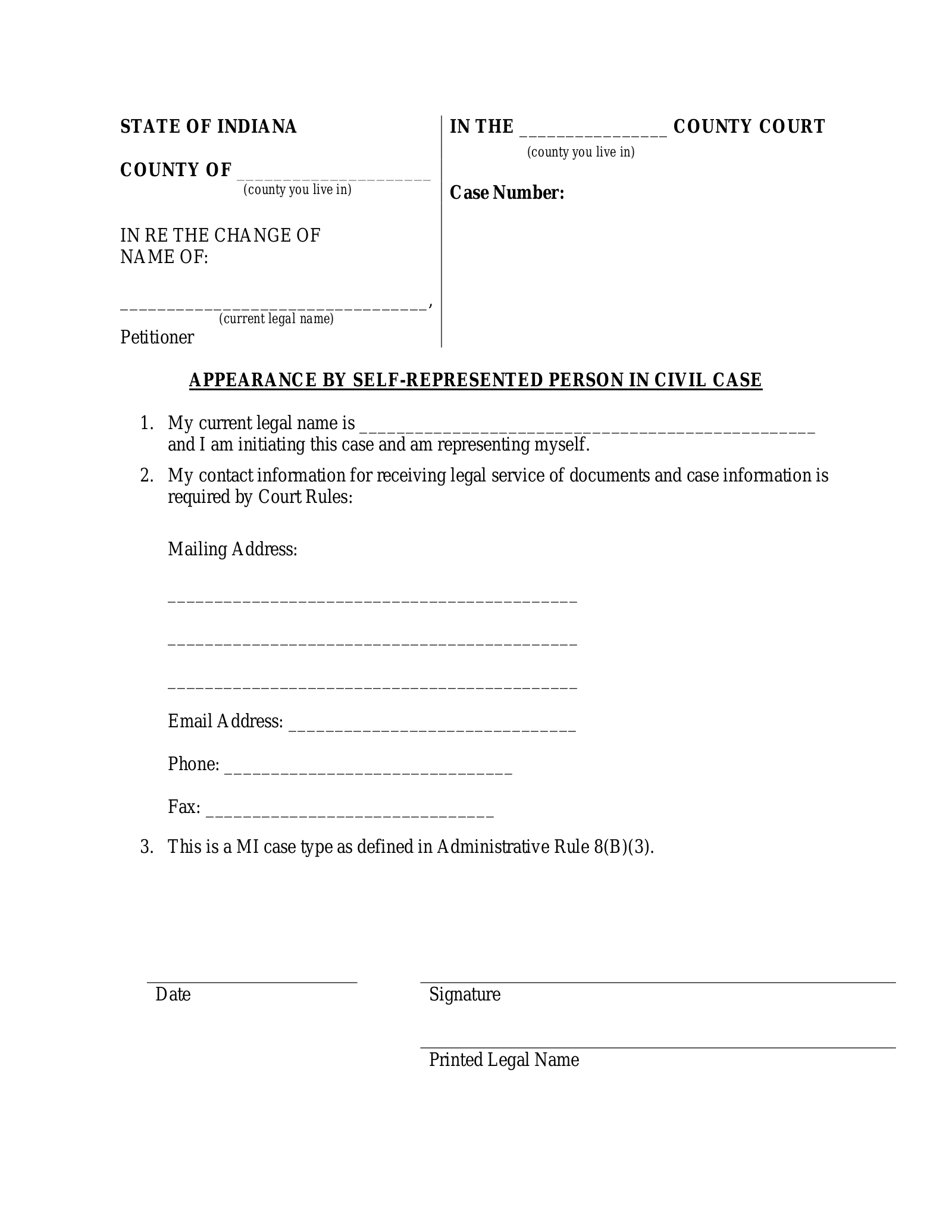 Free Indiana Name Change Forms Petition PDF EForms