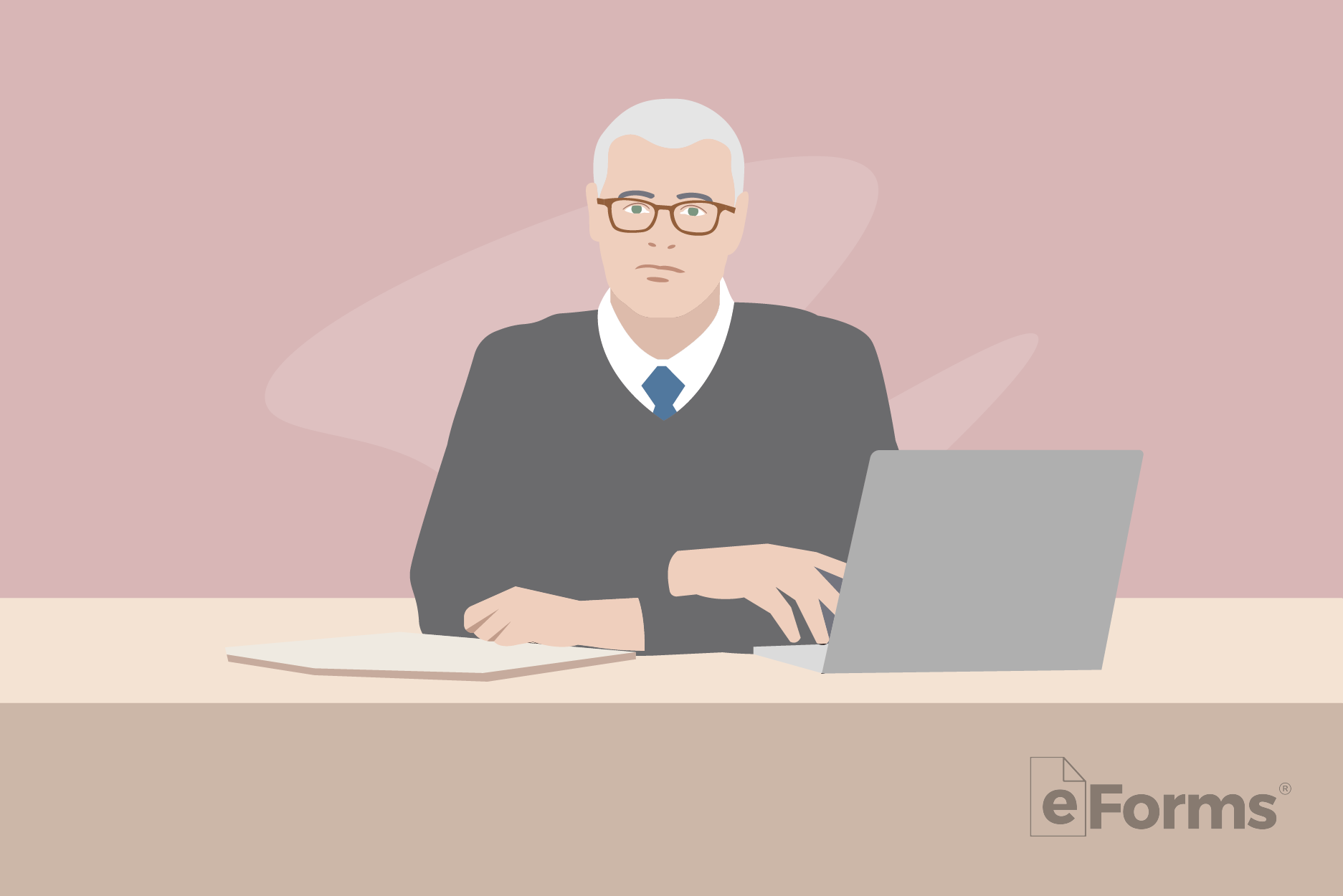 Middle-aged male judge sitting at desk with laptop.