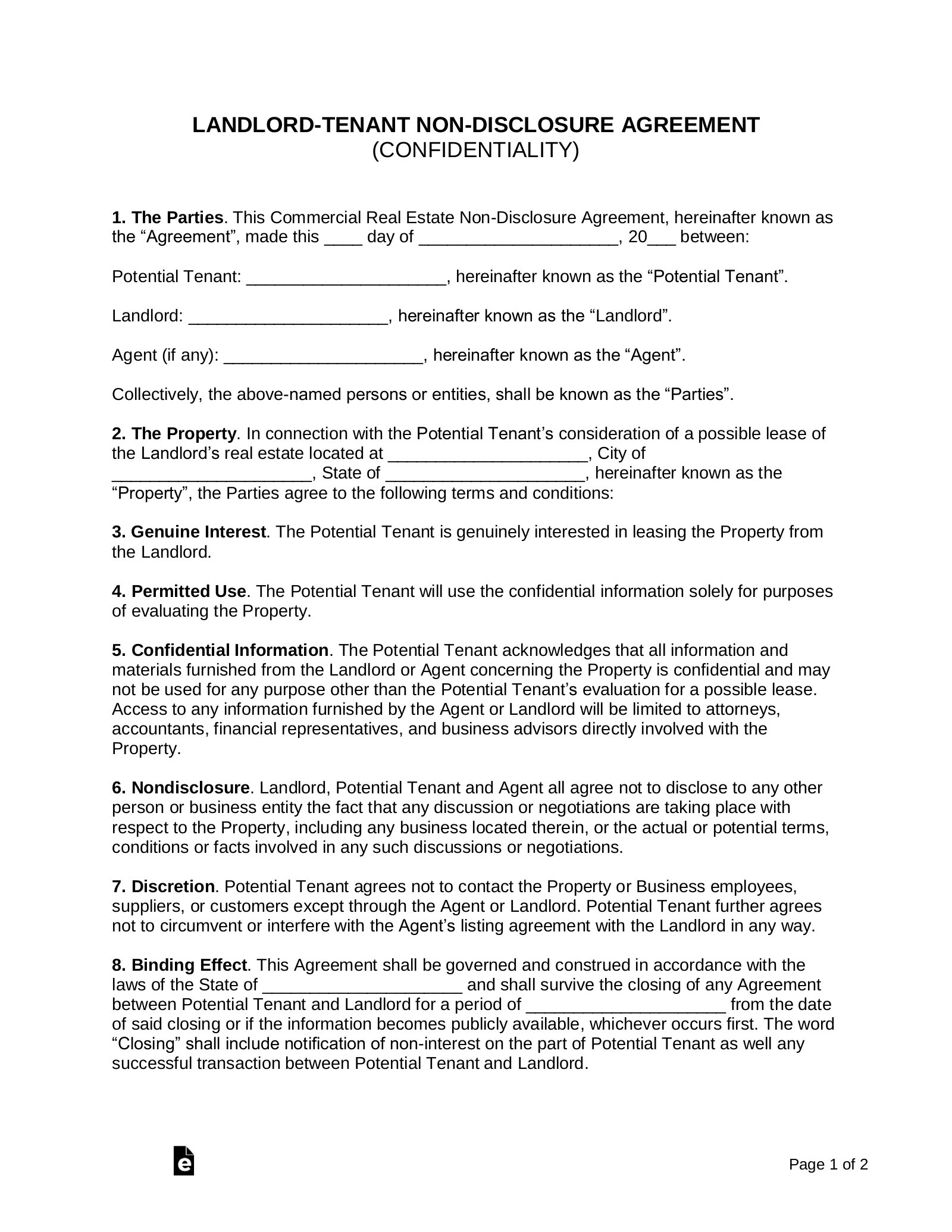 Free Landlord Tenant Non Disclosure Agreement NDA Template PDF 
