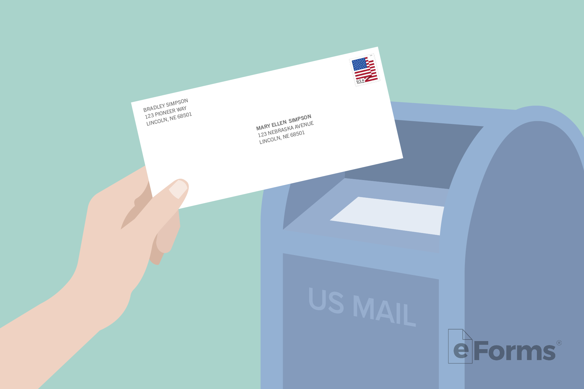 Hand with stamped envelope next to USPS mailbox.