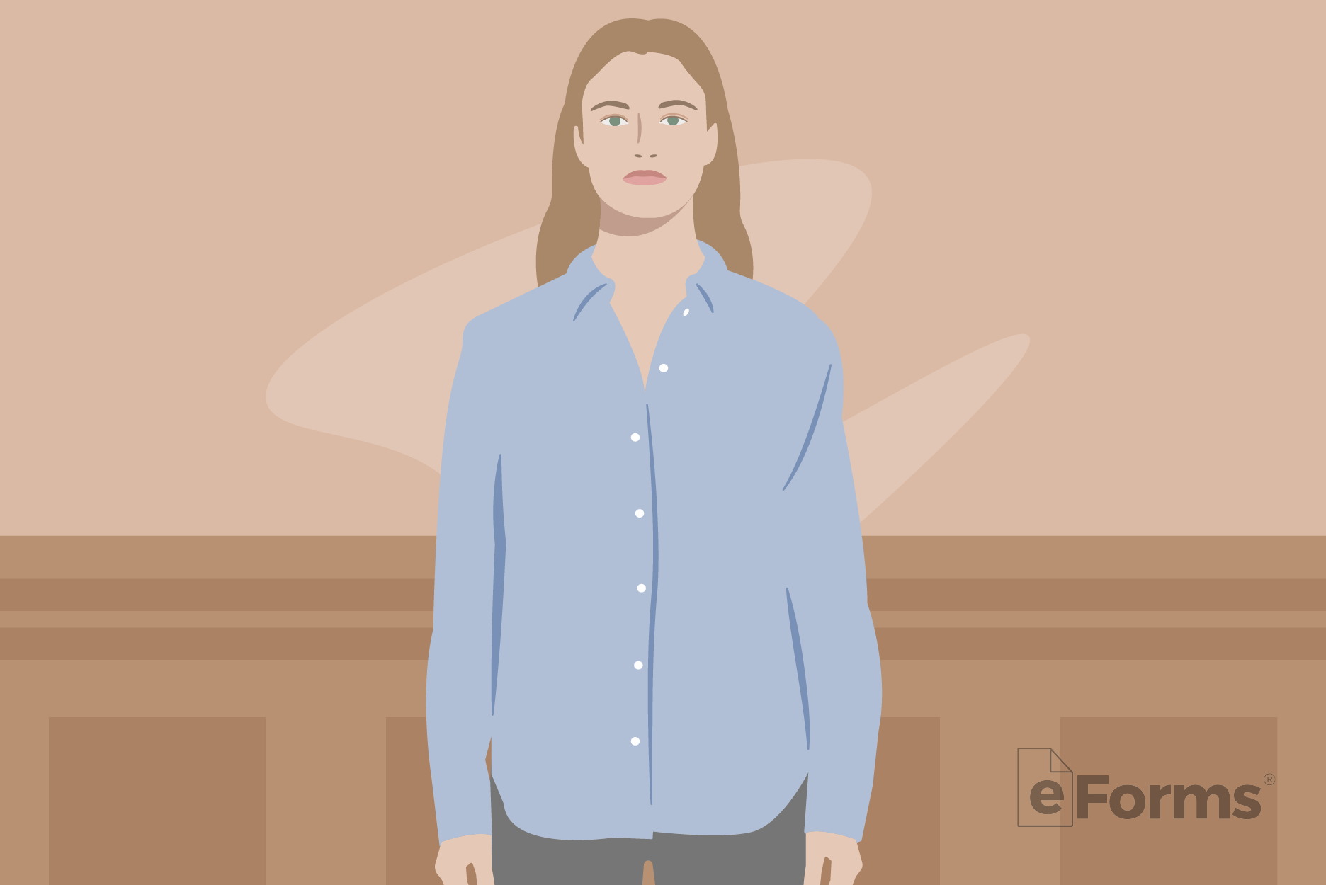 Young woman standing in court room.