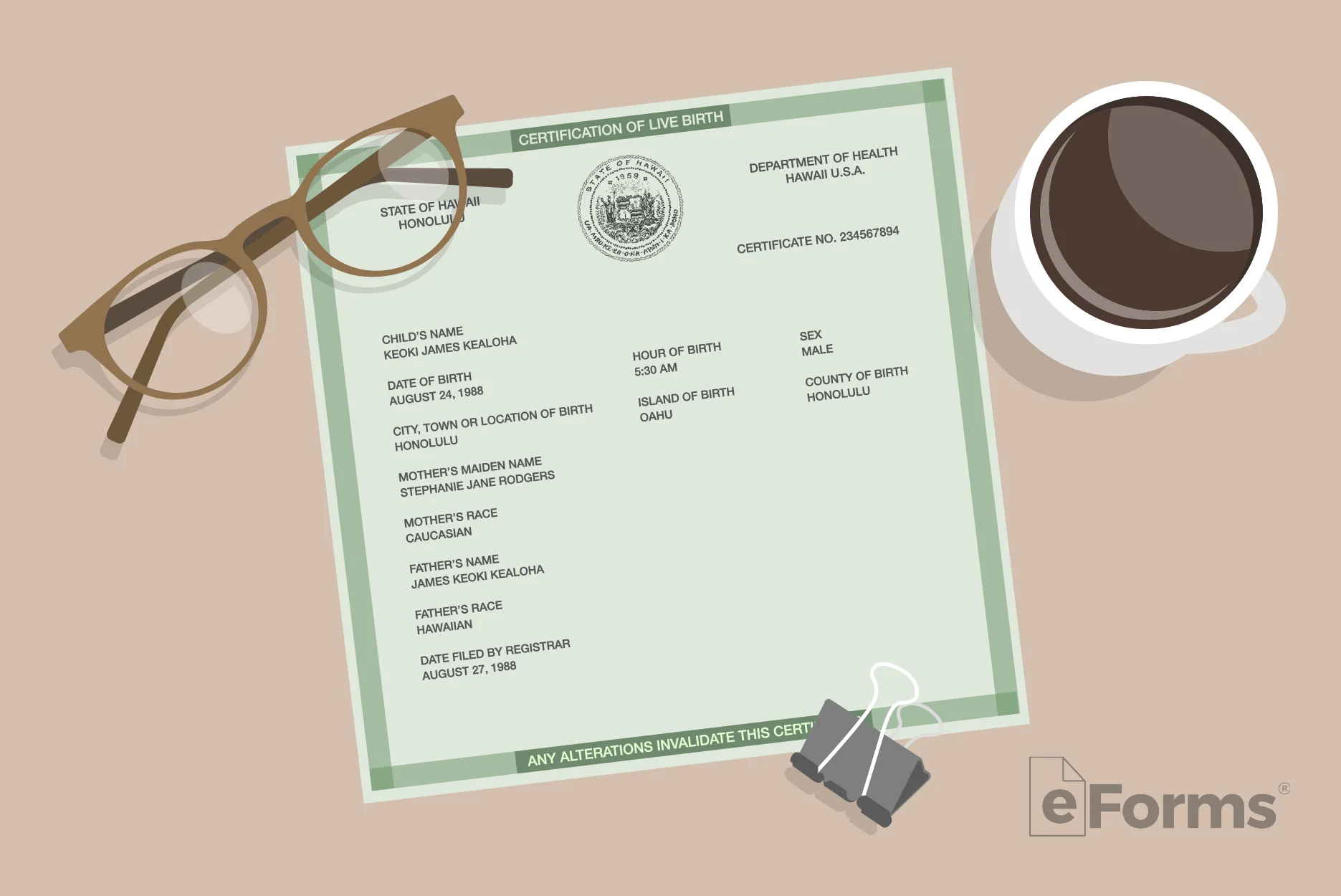 Hawaii birth certificate with a pair of eyeglasses, binder clip and cup of coffee.