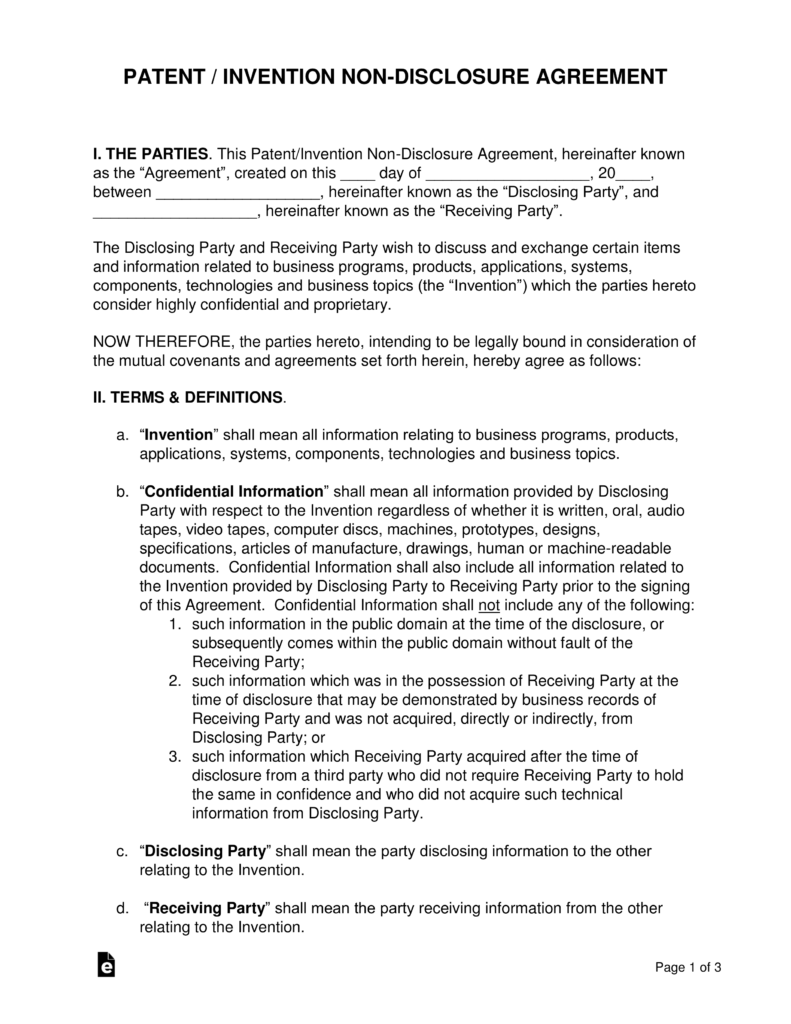 Free Patent / Invention Non Disclosure Agreement (NDA) Template PDF