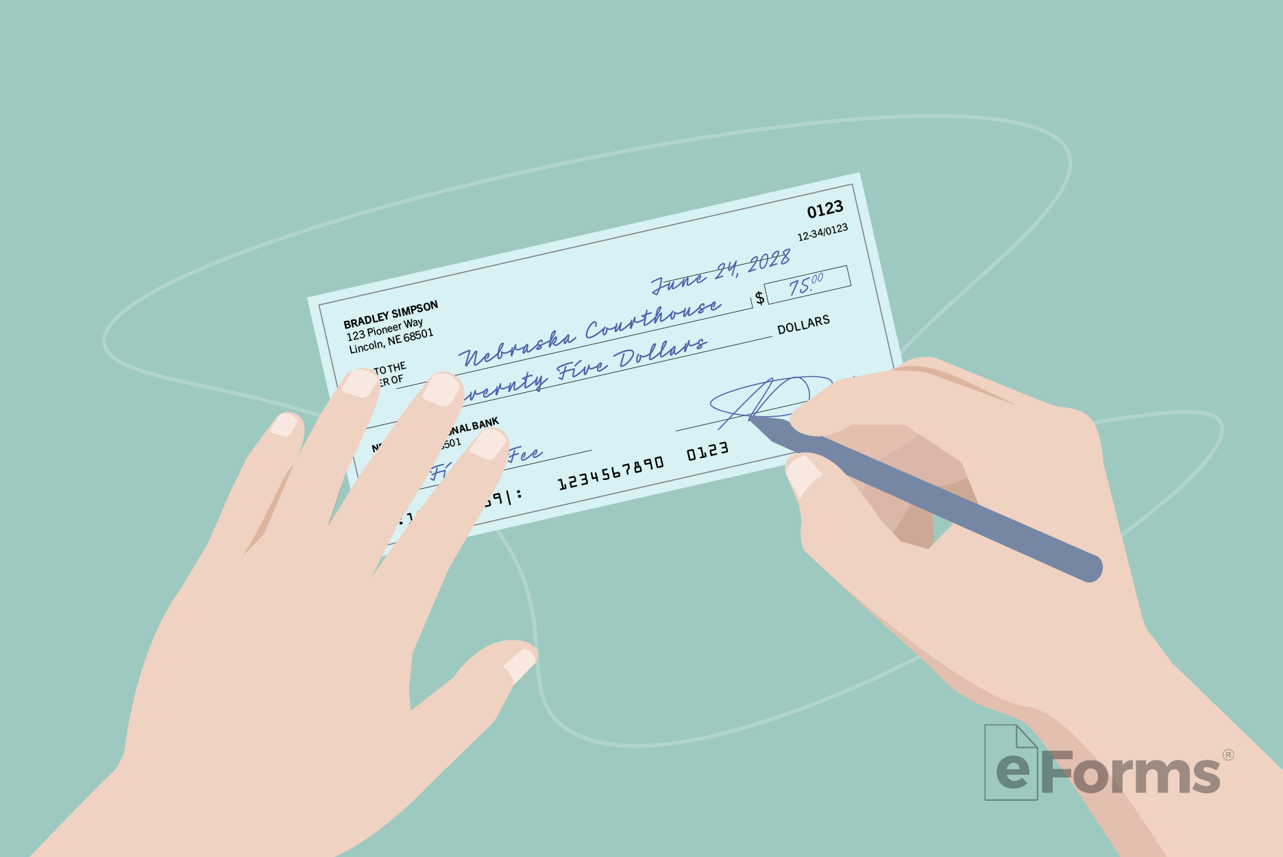 Hands writing personal check for filing fee.