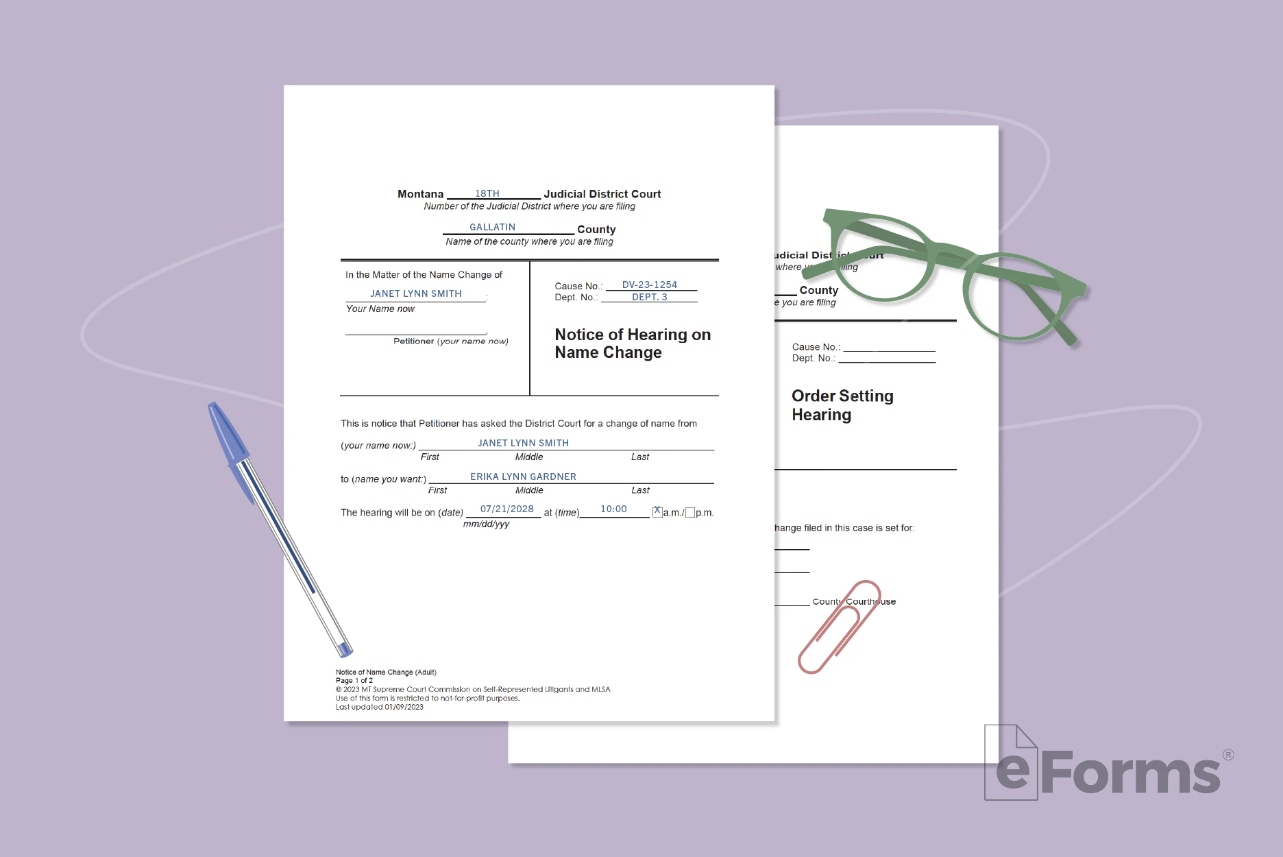 Pair of Name Change documents with glasses and ball point pen.