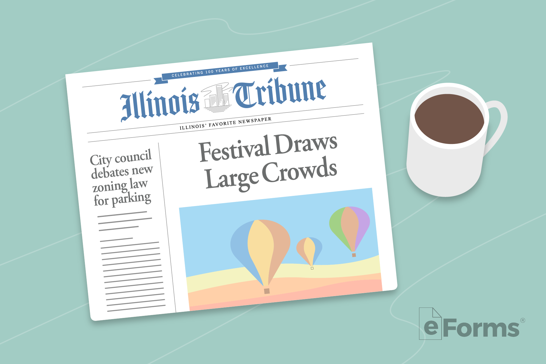 Illinois newspaper with coffee mug.