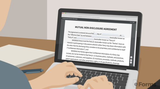 person filling out mutual non-disclosure agreement on laptop