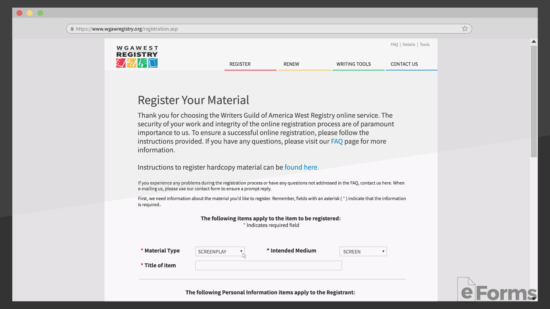 browser showing writers guild of america registration page