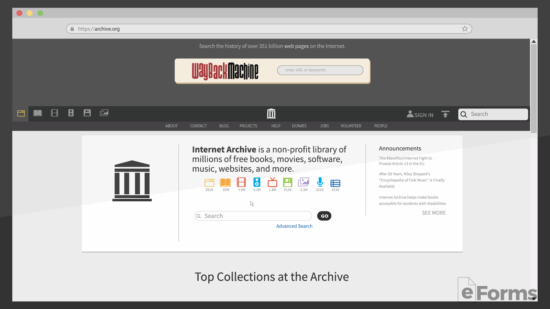 browser showing archive.org wayback machine homepage