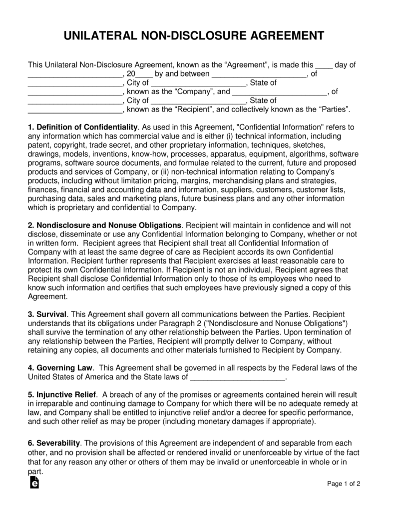 Unilateral 1 Way Non Disclosure Agreement Nda Template Eforms