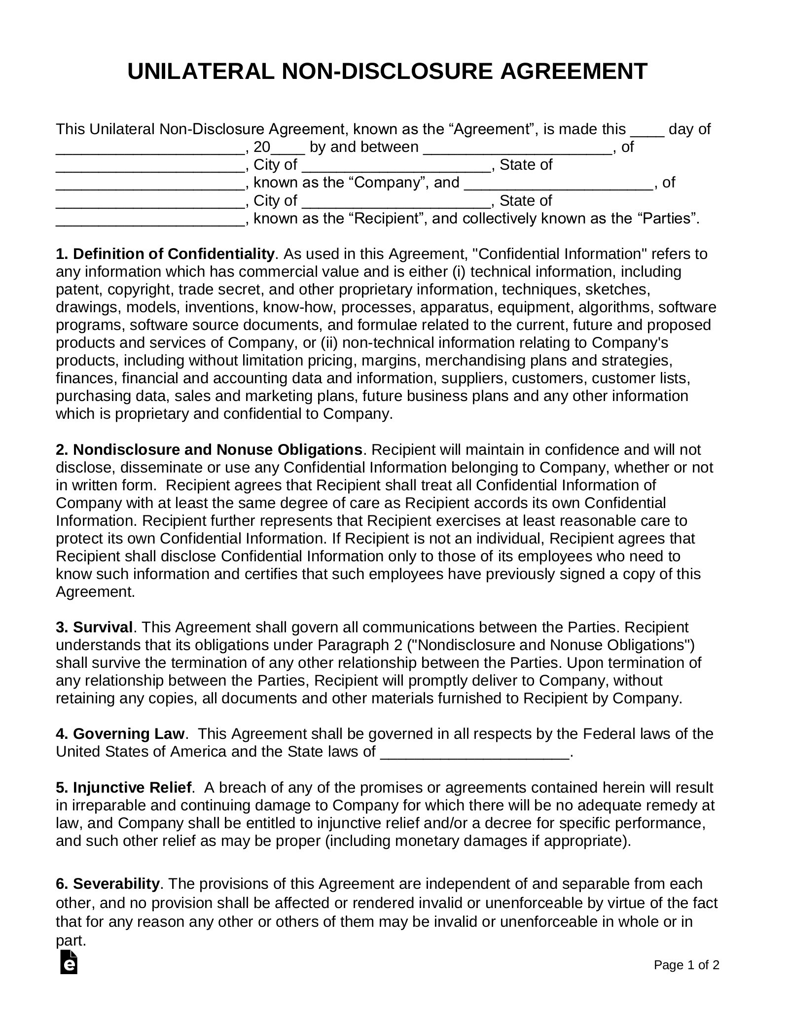 Free Unilateral 1 Way Non Disclosure Agreement NDA PDF Word 