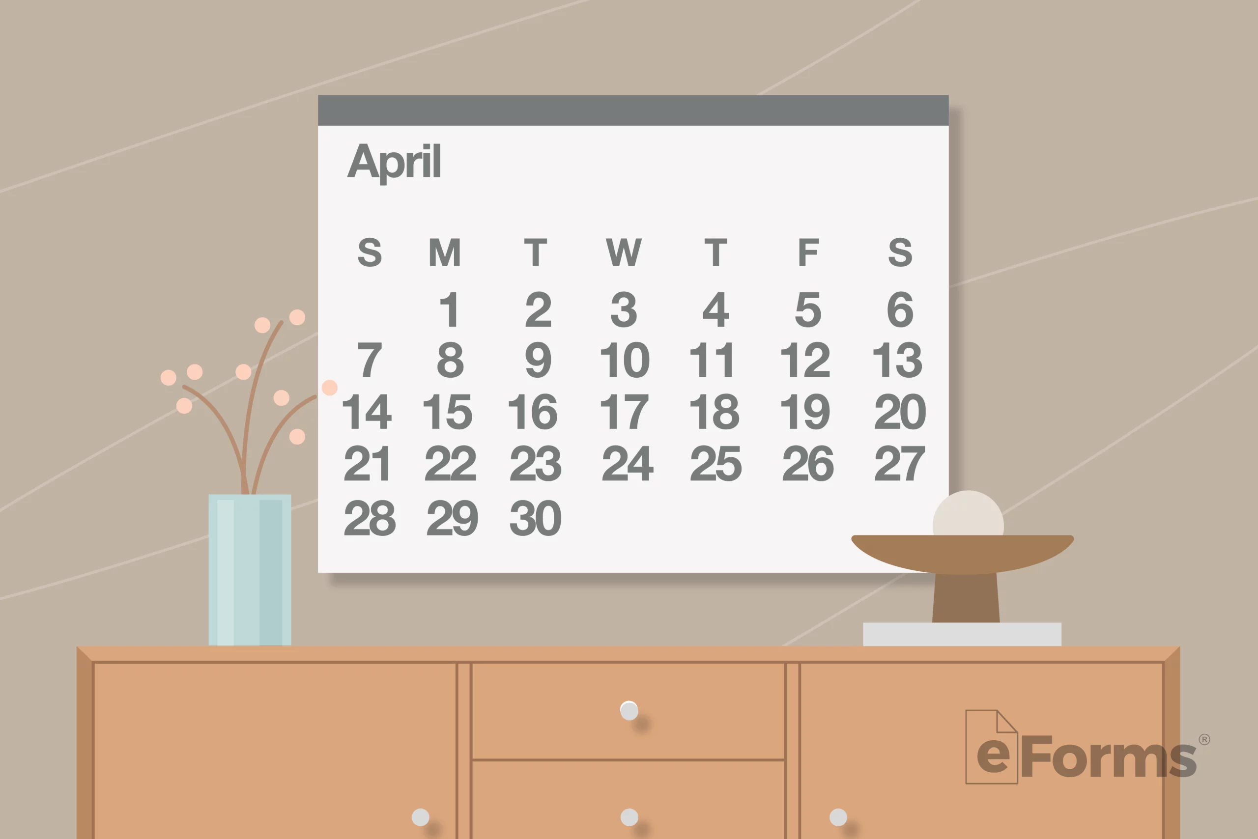 Wall calendar showing entire month with credenza below.