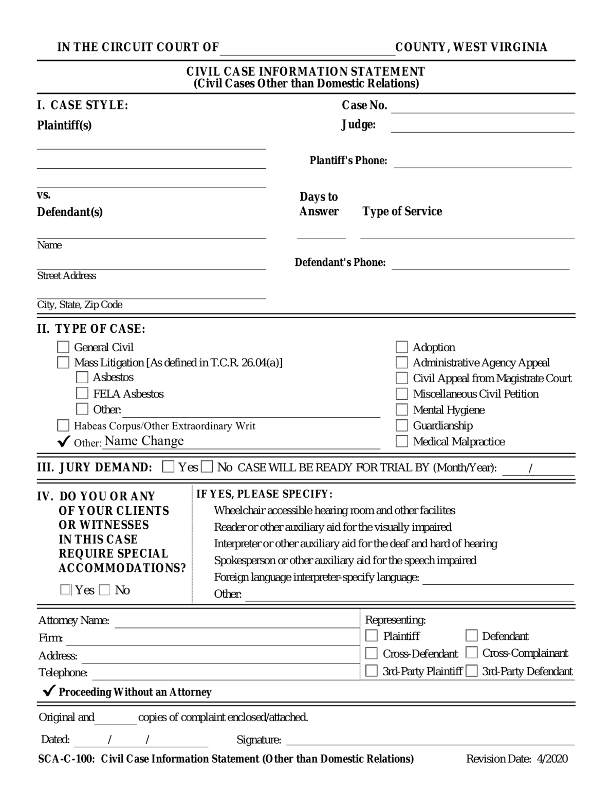 Free West Virginia Name Change Forms - PDF – eForms