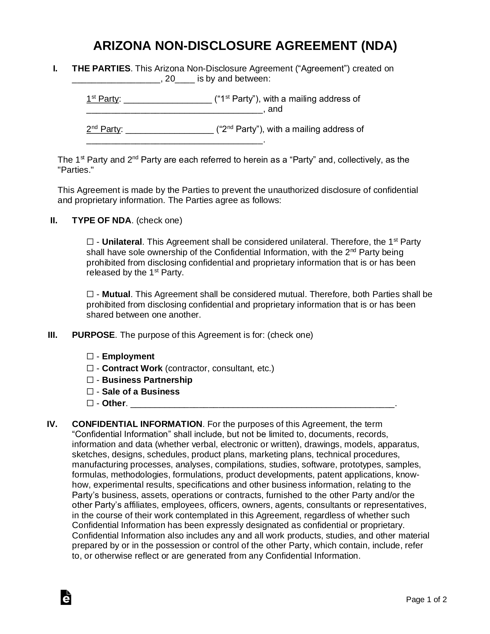 Arizona Non-Disclosure Agreement (NDA) Template