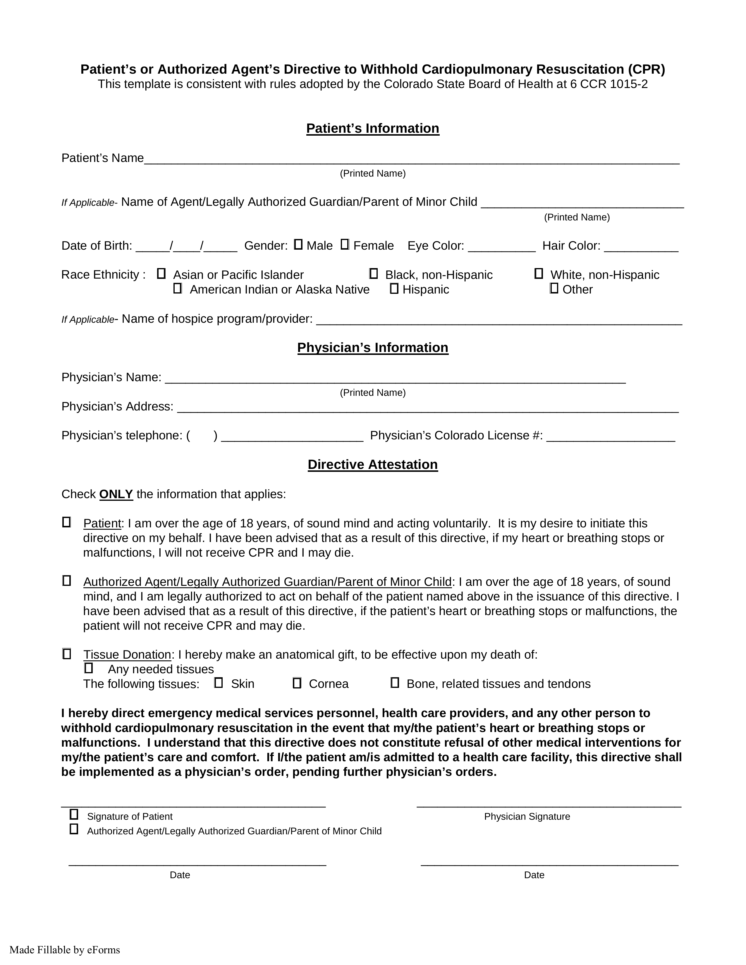 Free Colorado Do Not Resuscitate DNR Order Form PDF EForms