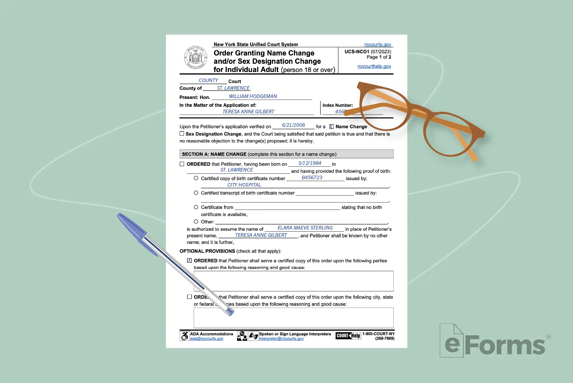 Order Granting Leave document with glasses and pen.