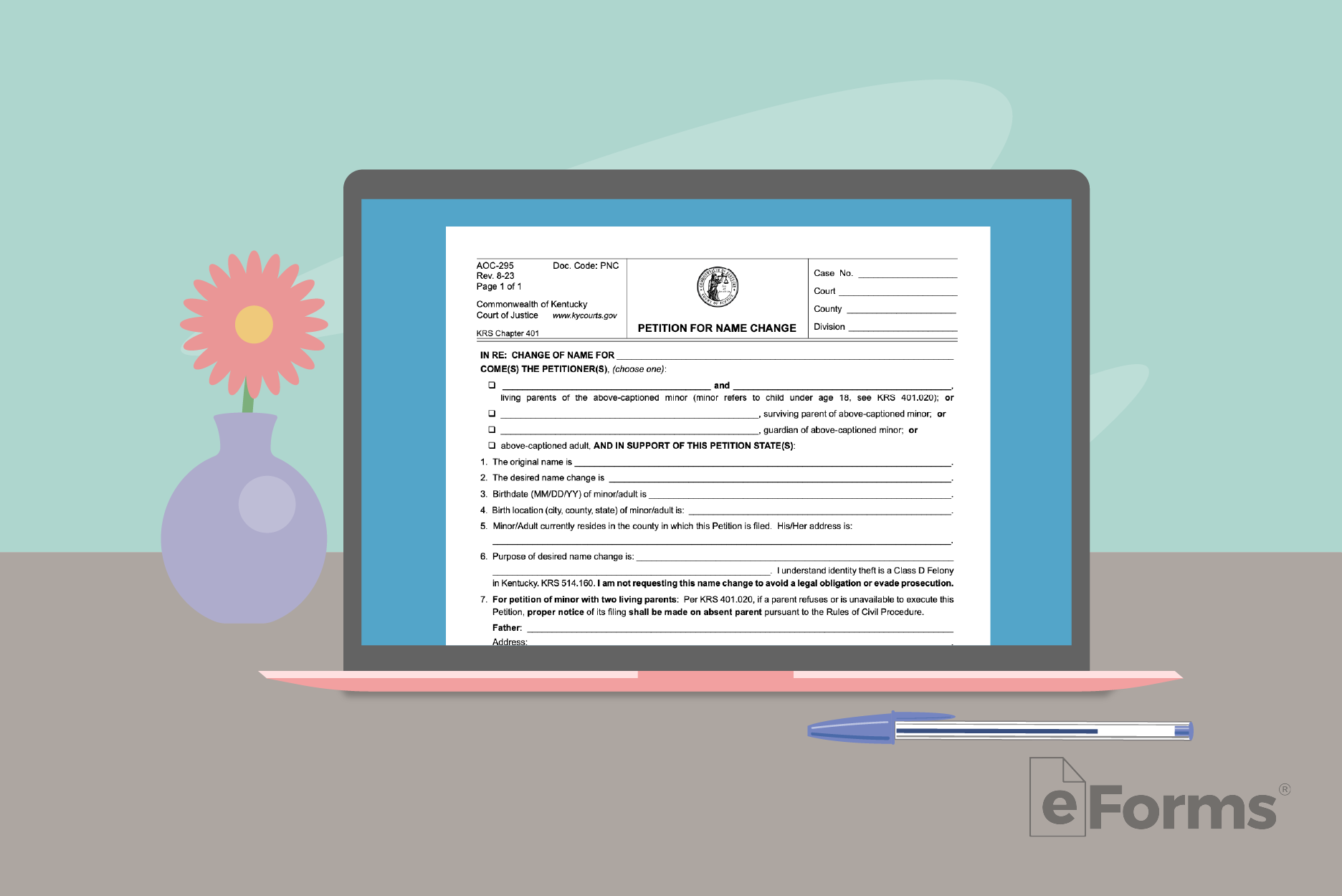 Laptop with vase and pen displaying Petition for Name Change.