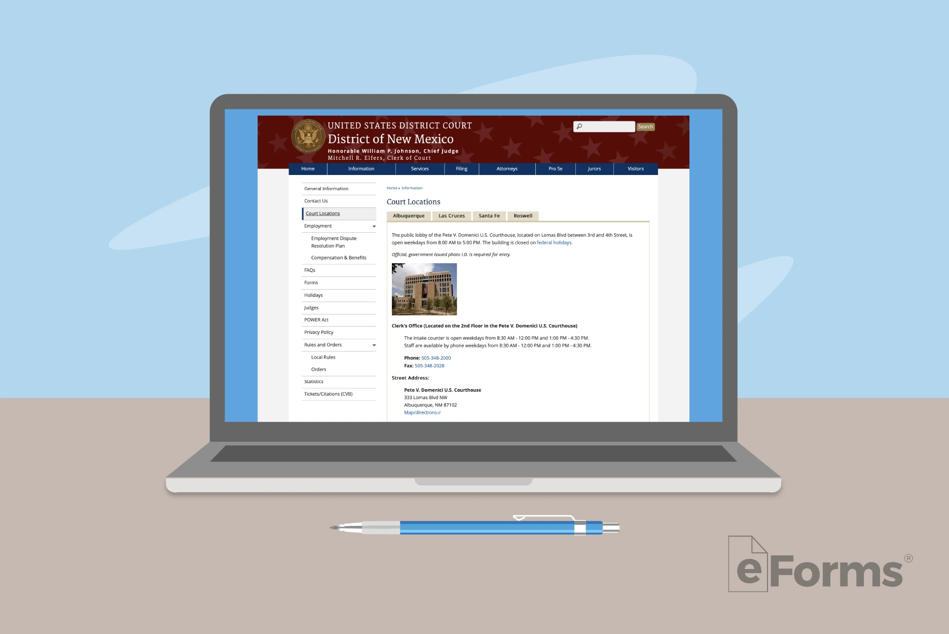 Laptop computer displaying District of New Mexico website.